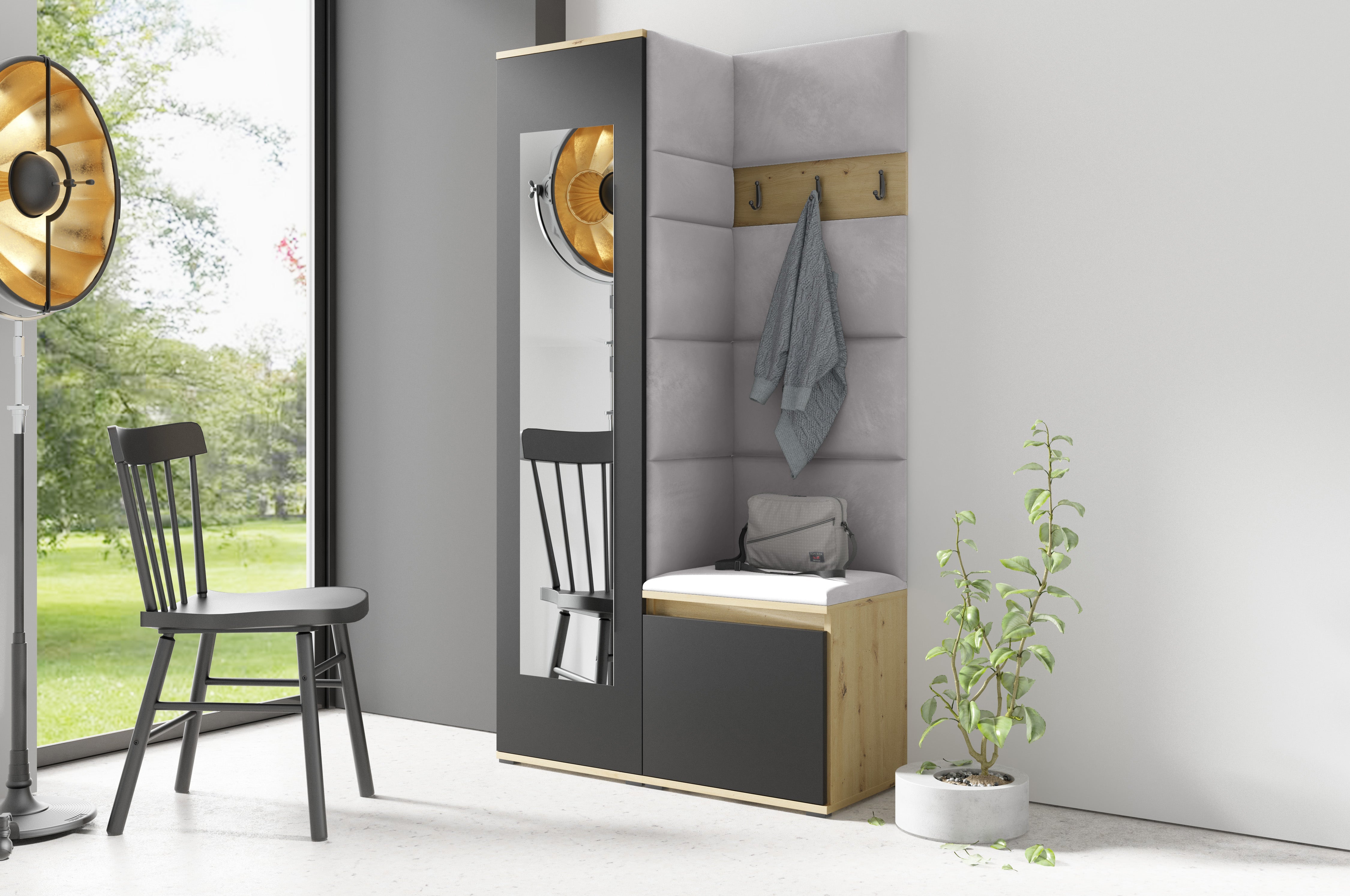 PK Emi 13 Flurgarderobe Artisan Eiche/Schwarz - Polsterpaneele in verschiedenen Farben