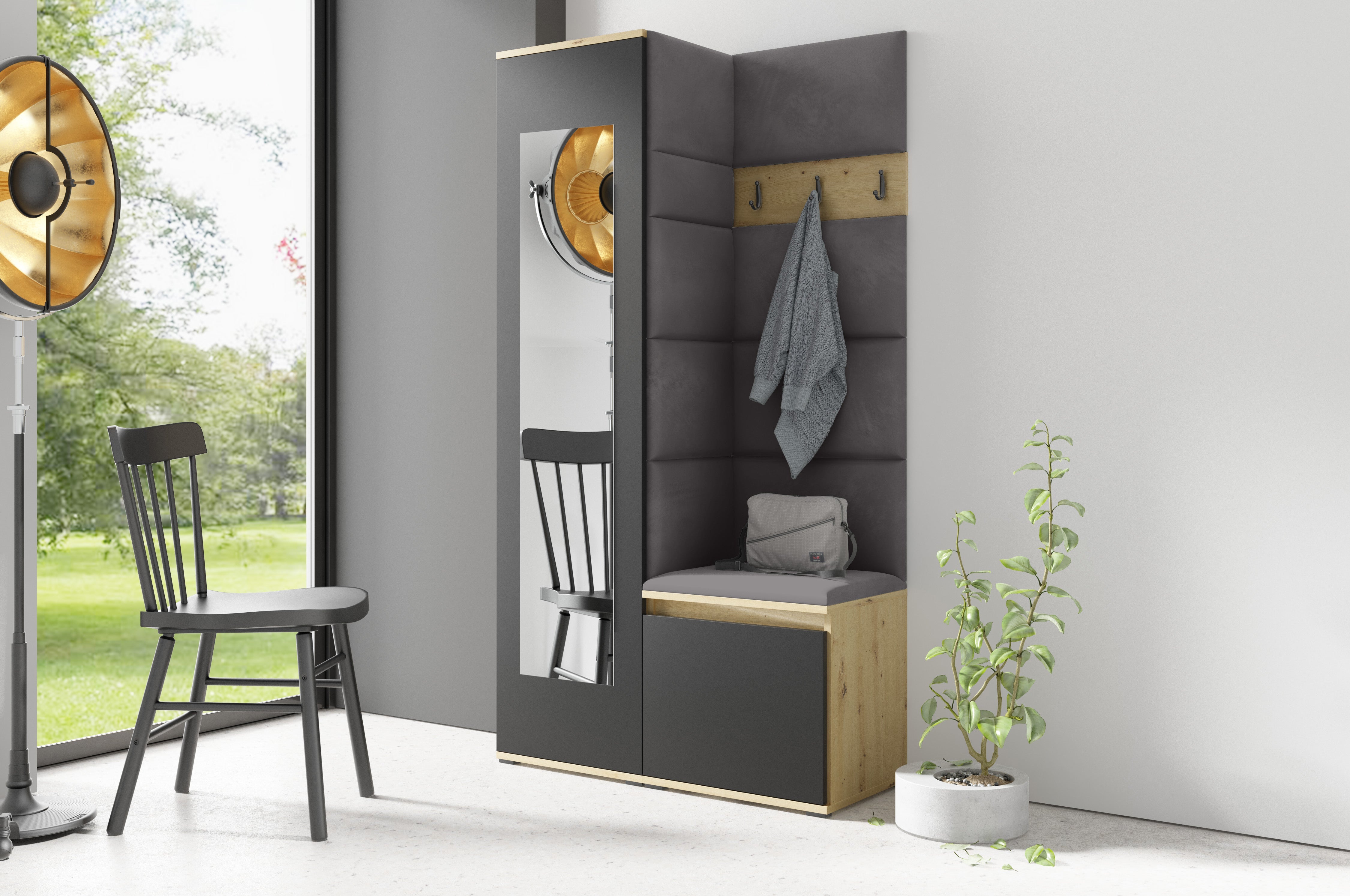 PK Emi 13 Flurgarderobe Artisan Eiche/Schwarz - Polsterpaneele in verschiedenen Farben