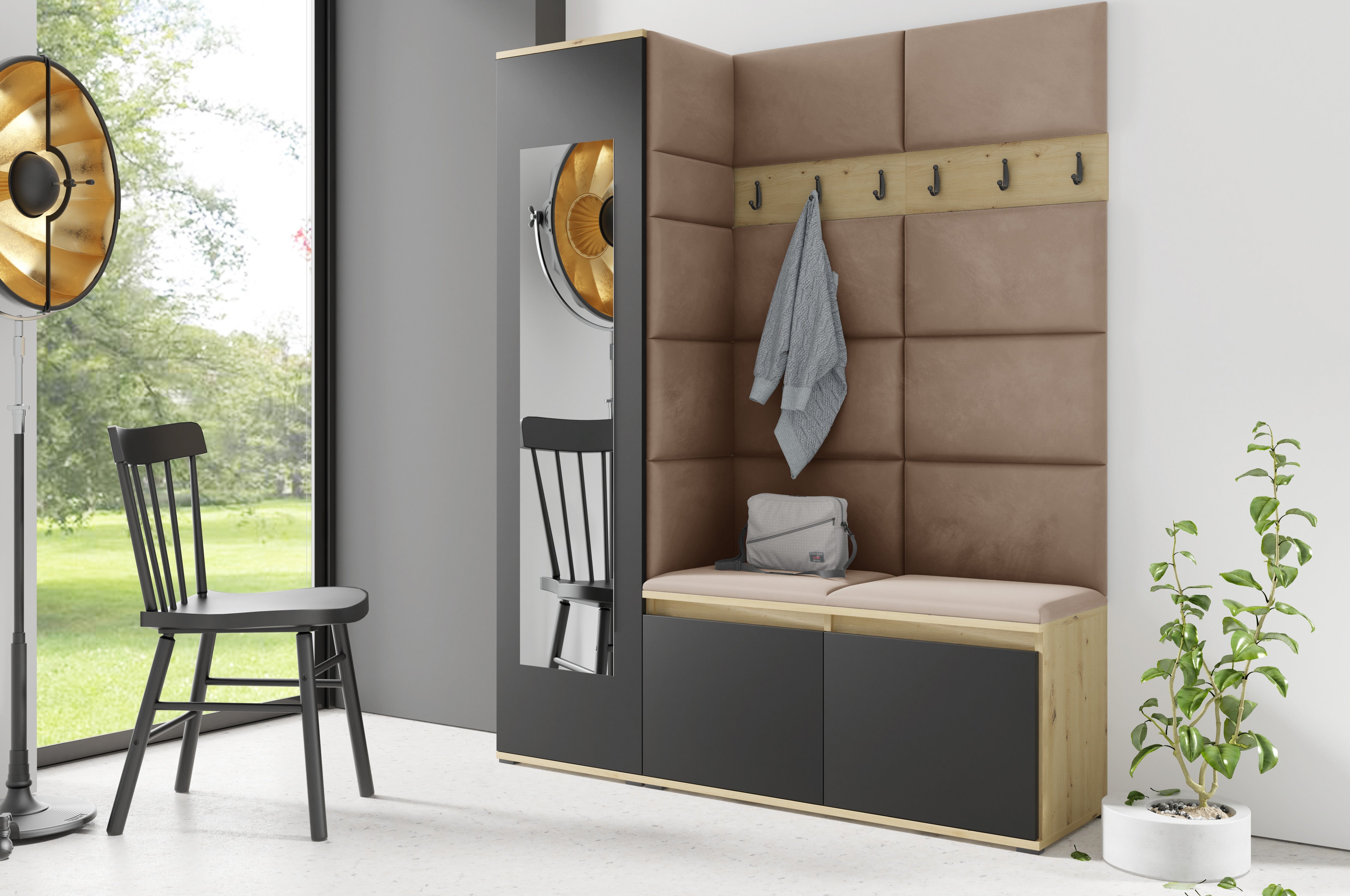PK Emi 14 Hallway Wardrobe Artisan Oak / Black - Upholstered Panels in Various Colours