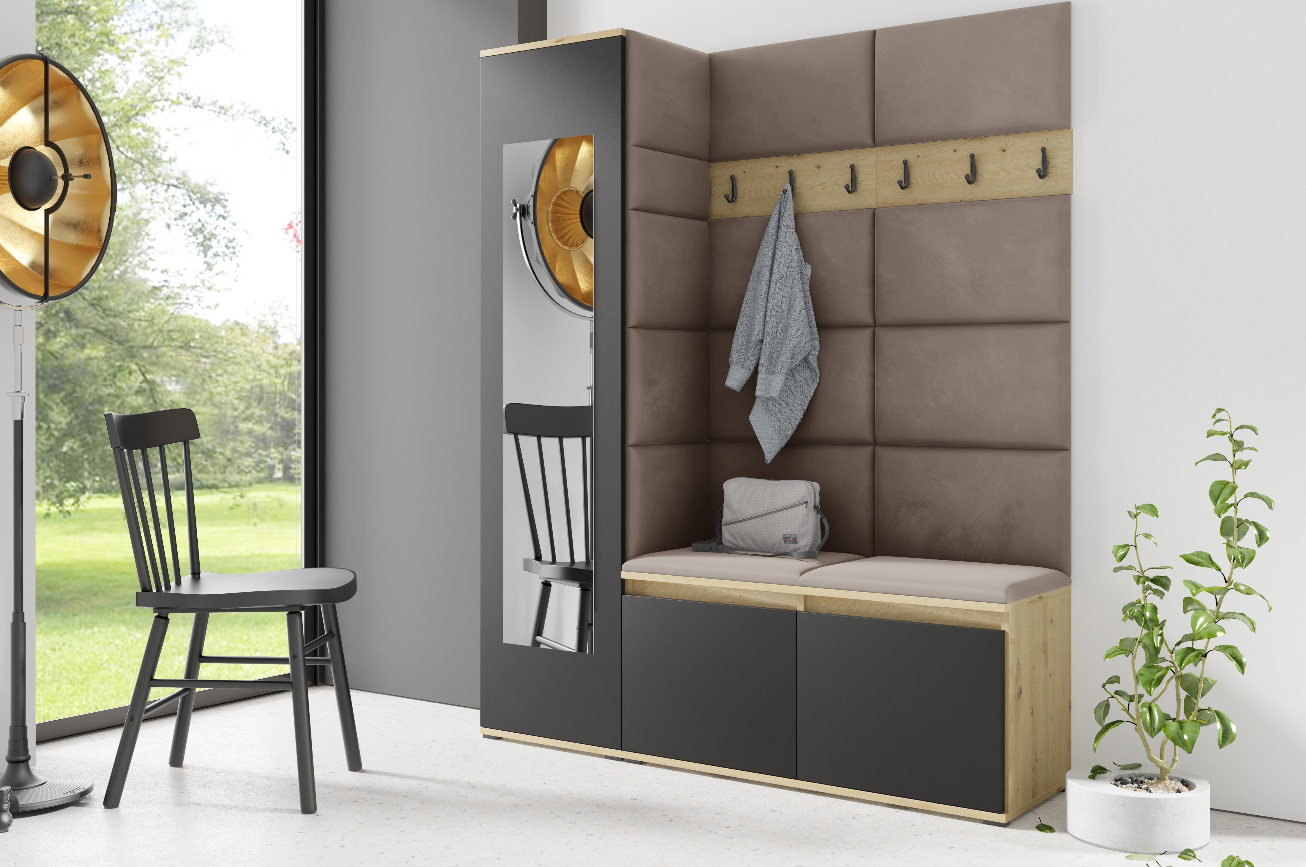 PK Emi 14 Hallway Wardrobe Artisan Oak / Black - Upholstered Panels in Various Colours