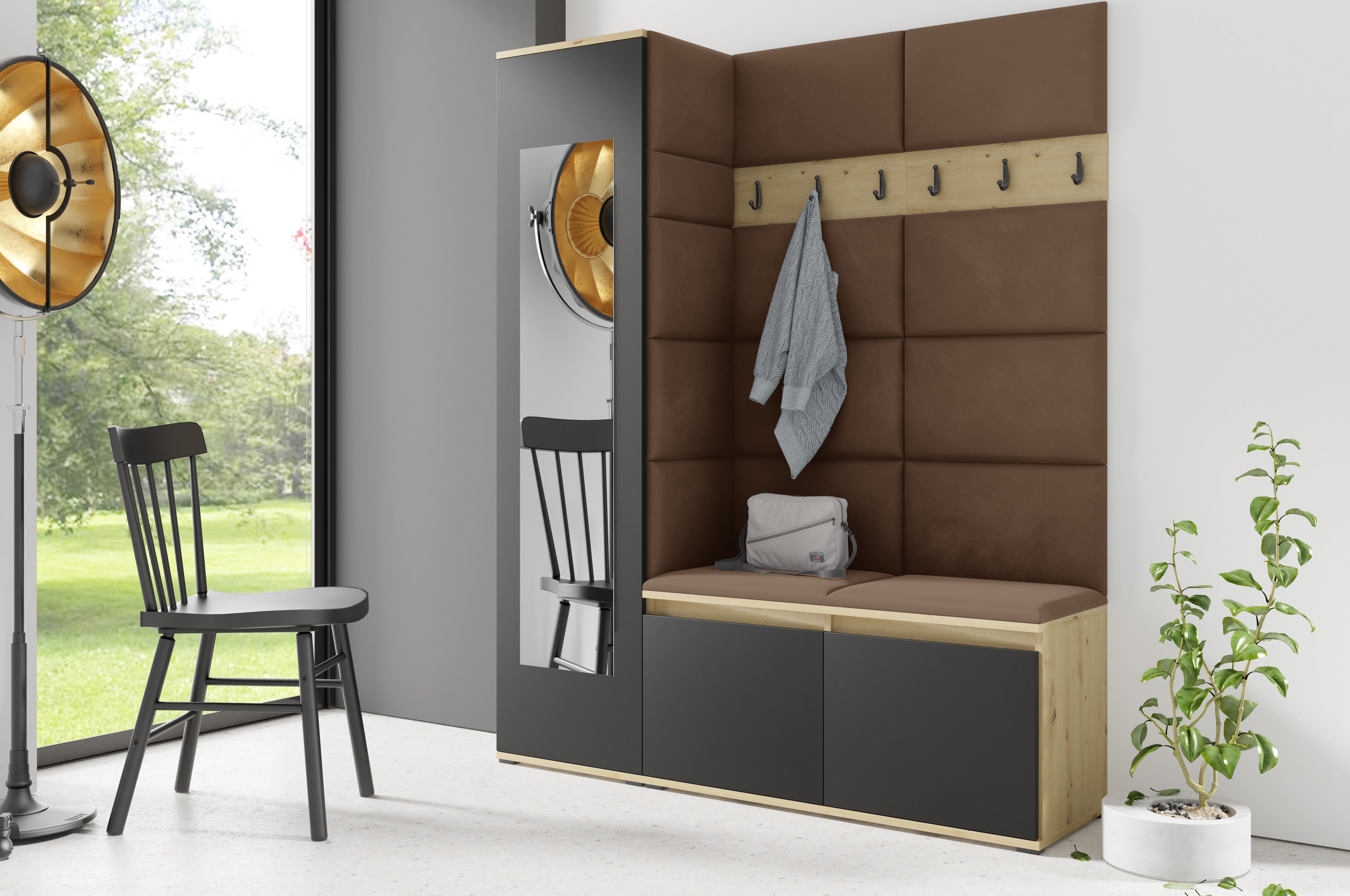 PK Emi 14 Hallway Wardrobe Artisan Oak / Black - Upholstered Panels in Various Colours