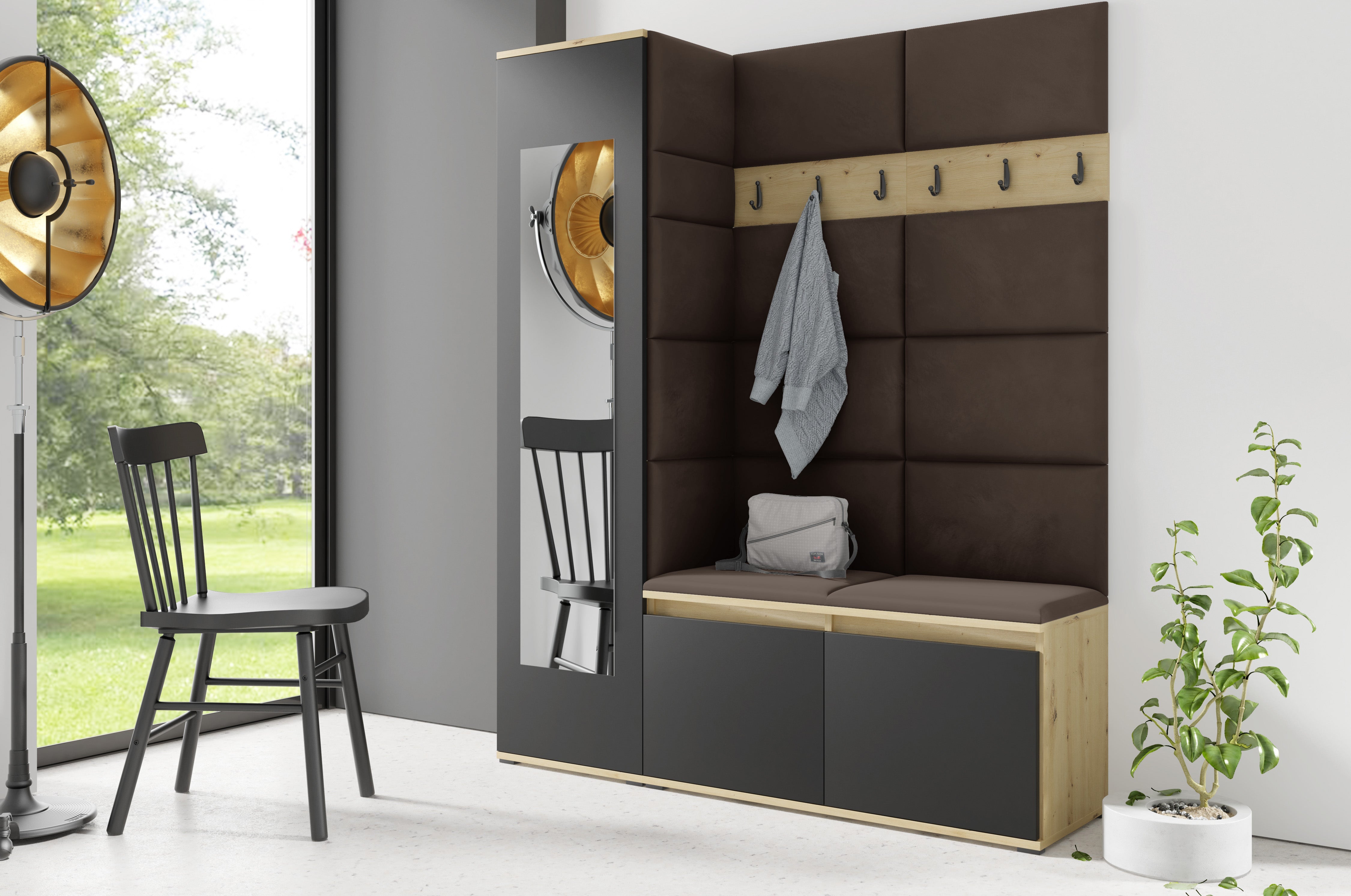 PK Emi 14 Hallway Wardrobe Artisan Oak / Black - Upholstered Panels in Various Colours