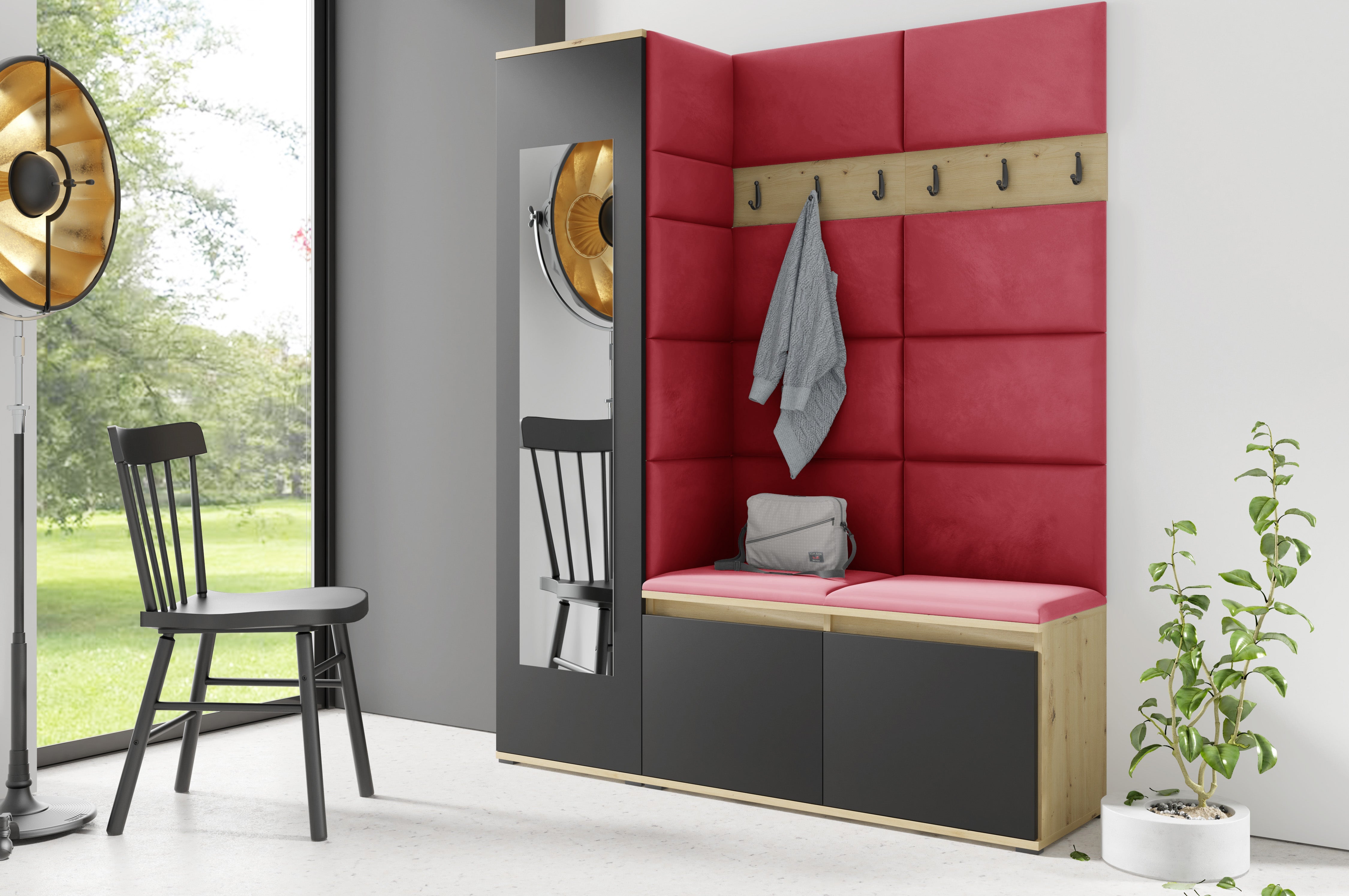 PK Emi 14 Hallway Wardrobe Artisan Oak / Black - Upholstered Panels in Various Colours