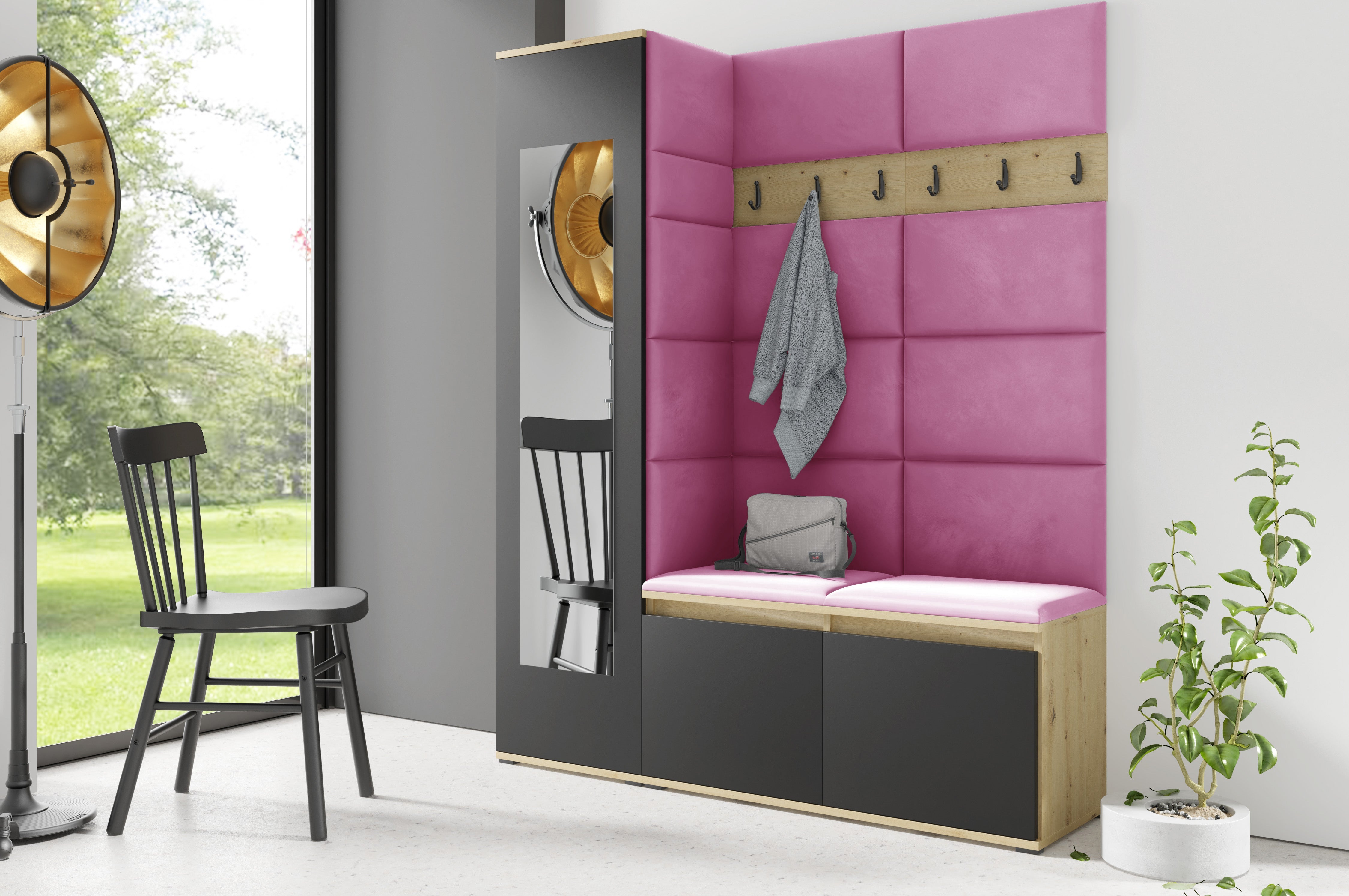 PK Emi 14 Hallway Wardrobe Artisan Oak / Black - Upholstered Panels in Various Colours