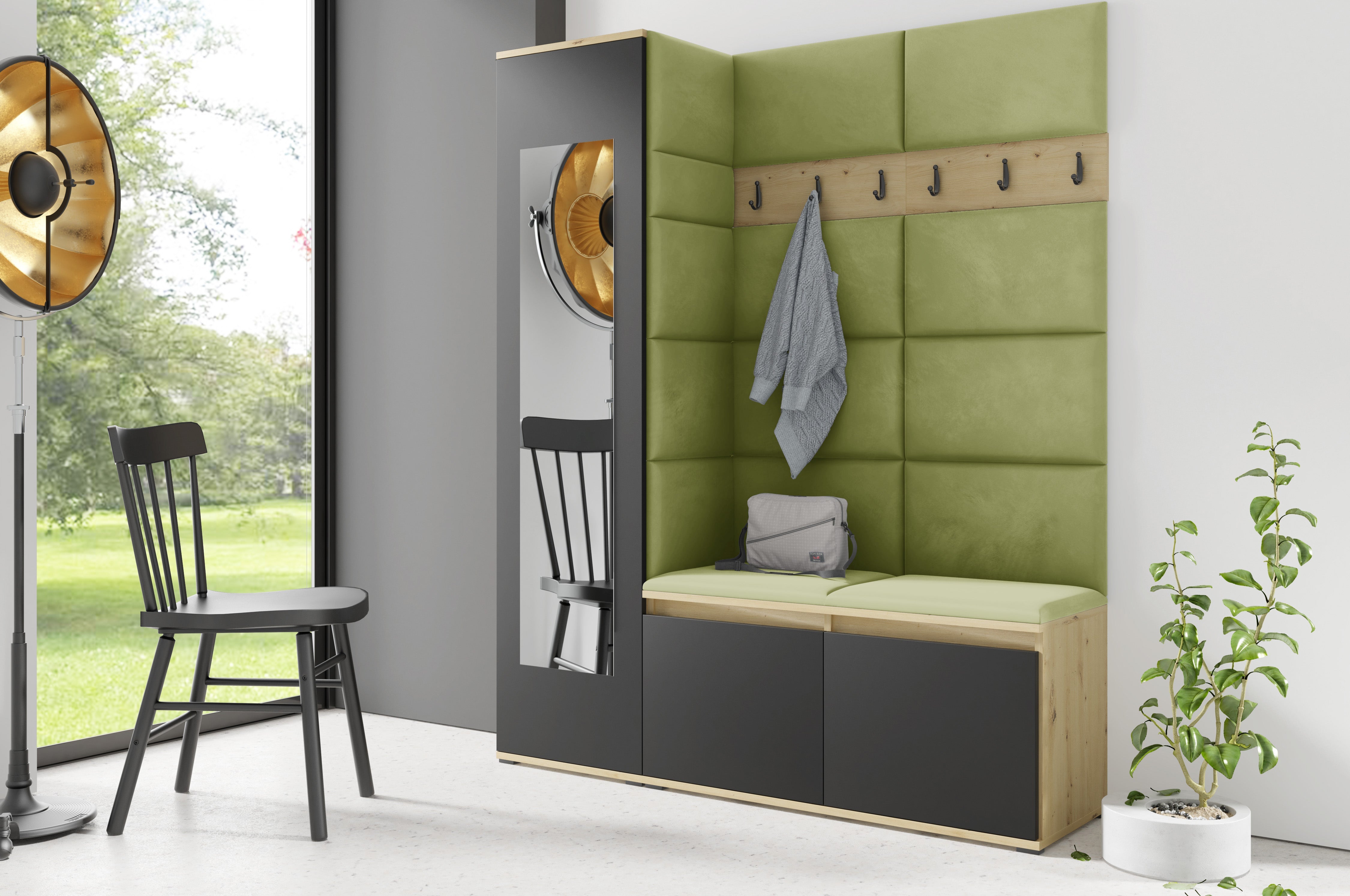 PK Emi 14 Hallway Wardrobe Artisan Oak / Black - Upholstered Panels in Various Colours