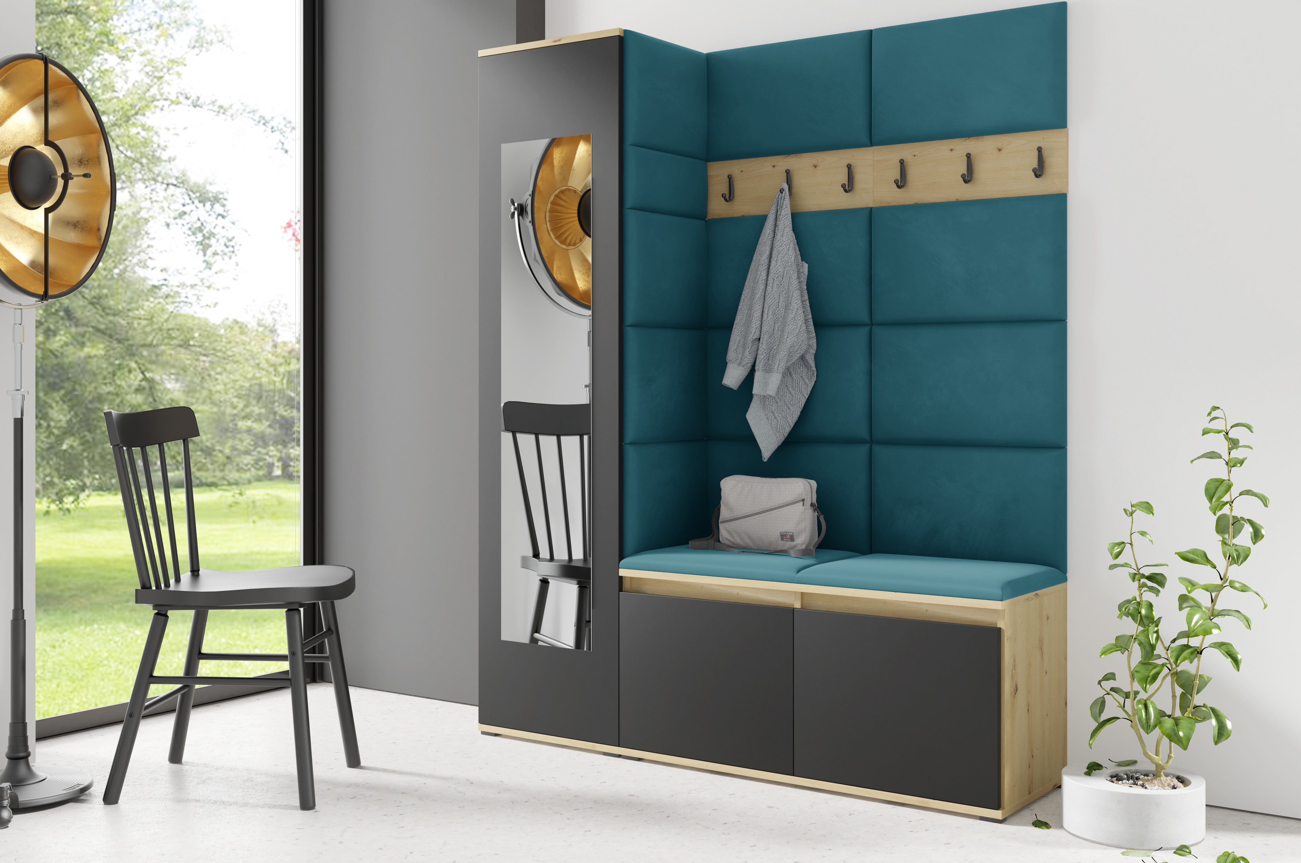 PK Emi 14 Hallway Wardrobe Artisan Oak / Black - Upholstered Panels in Various Colours
