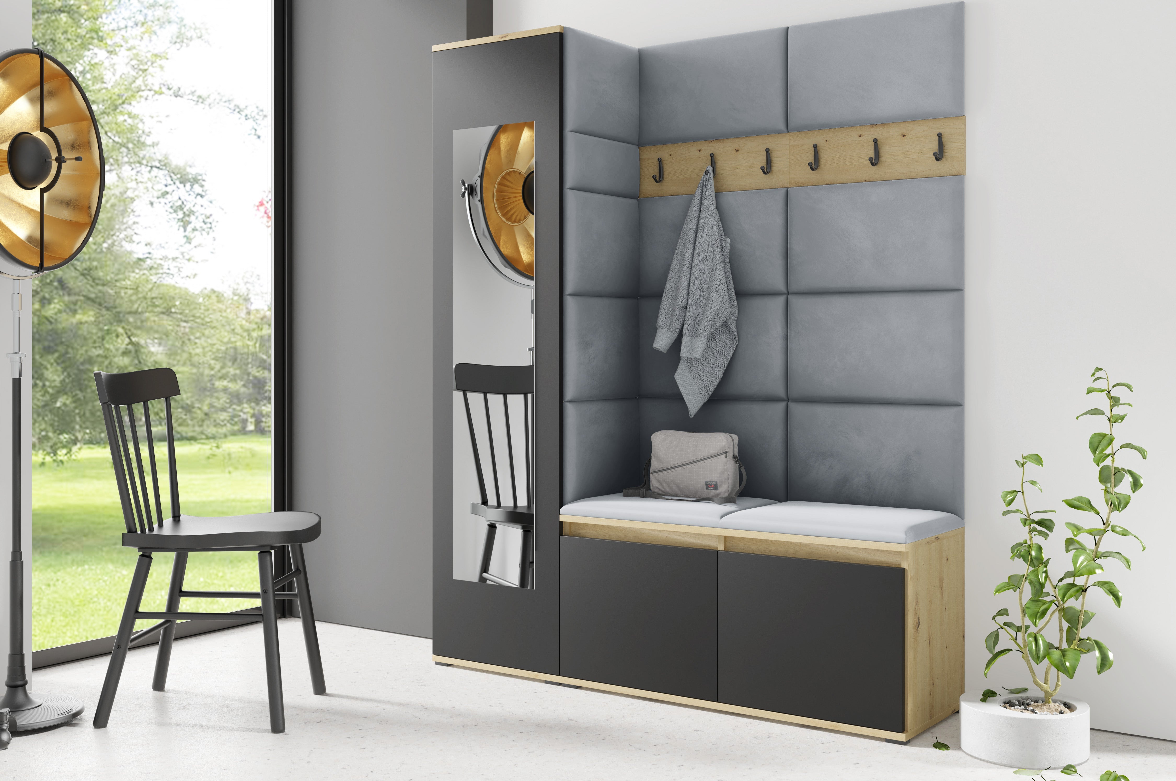 PK Emi 14 Hallway Wardrobe Artisan Oak / Black - Upholstered Panels in Various Colours