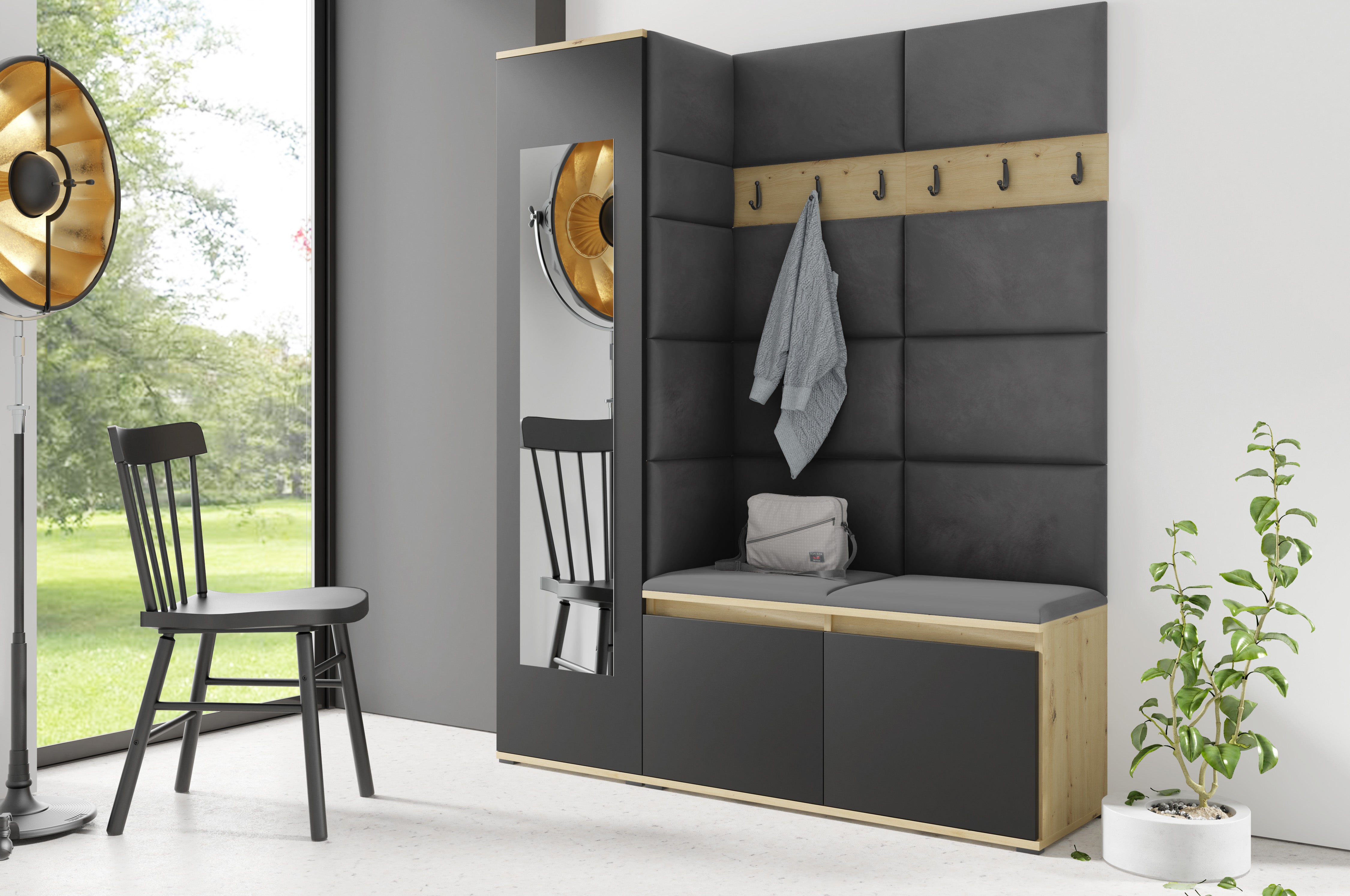 PK Emi 14 Hallway Wardrobe Artisan Oak / Black - Upholstered Panels in Various Colours