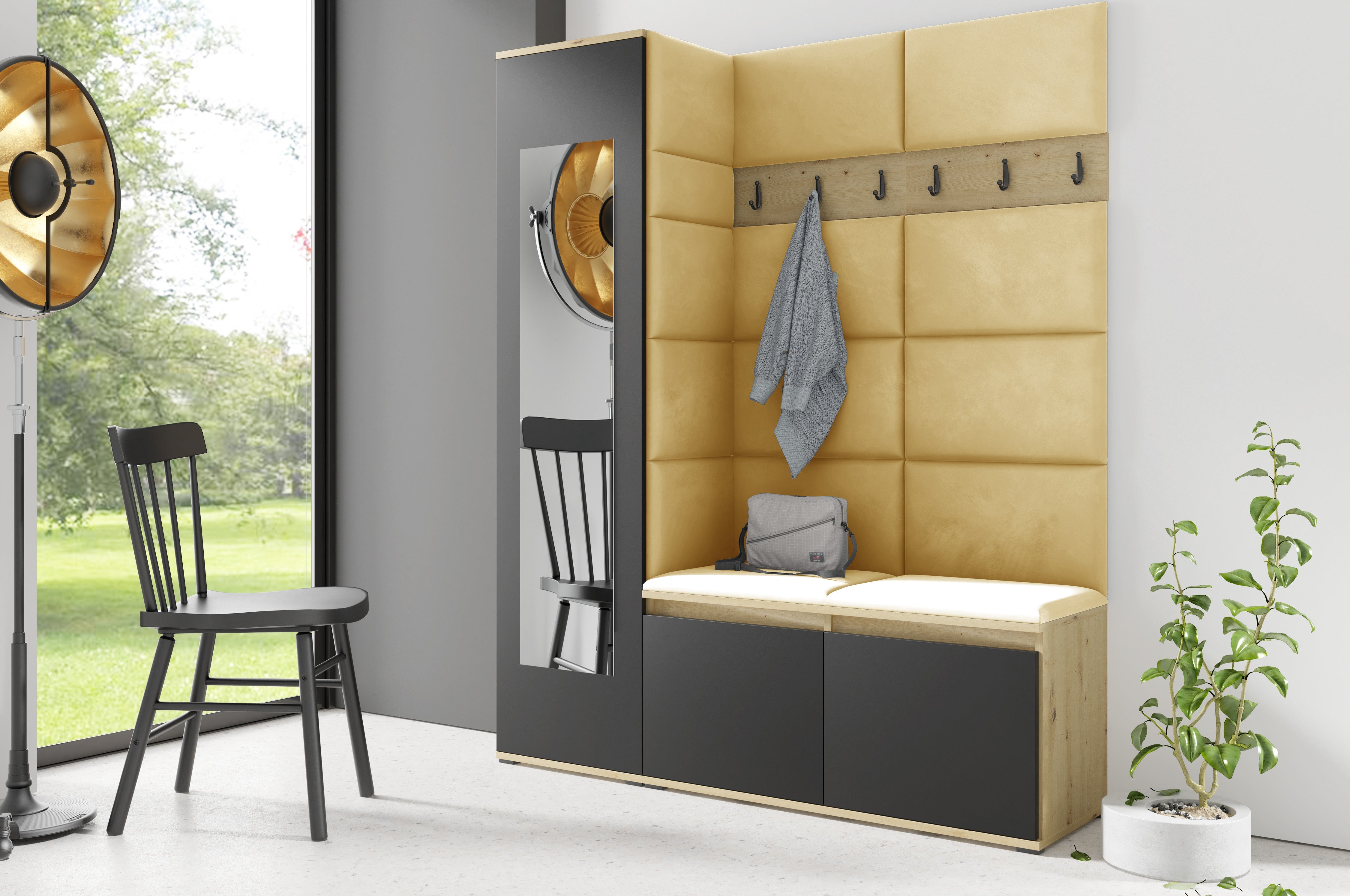 PK Emi 14 Hallway Wardrobe Artisan Oak / Black - Upholstered Panels in Various Colours