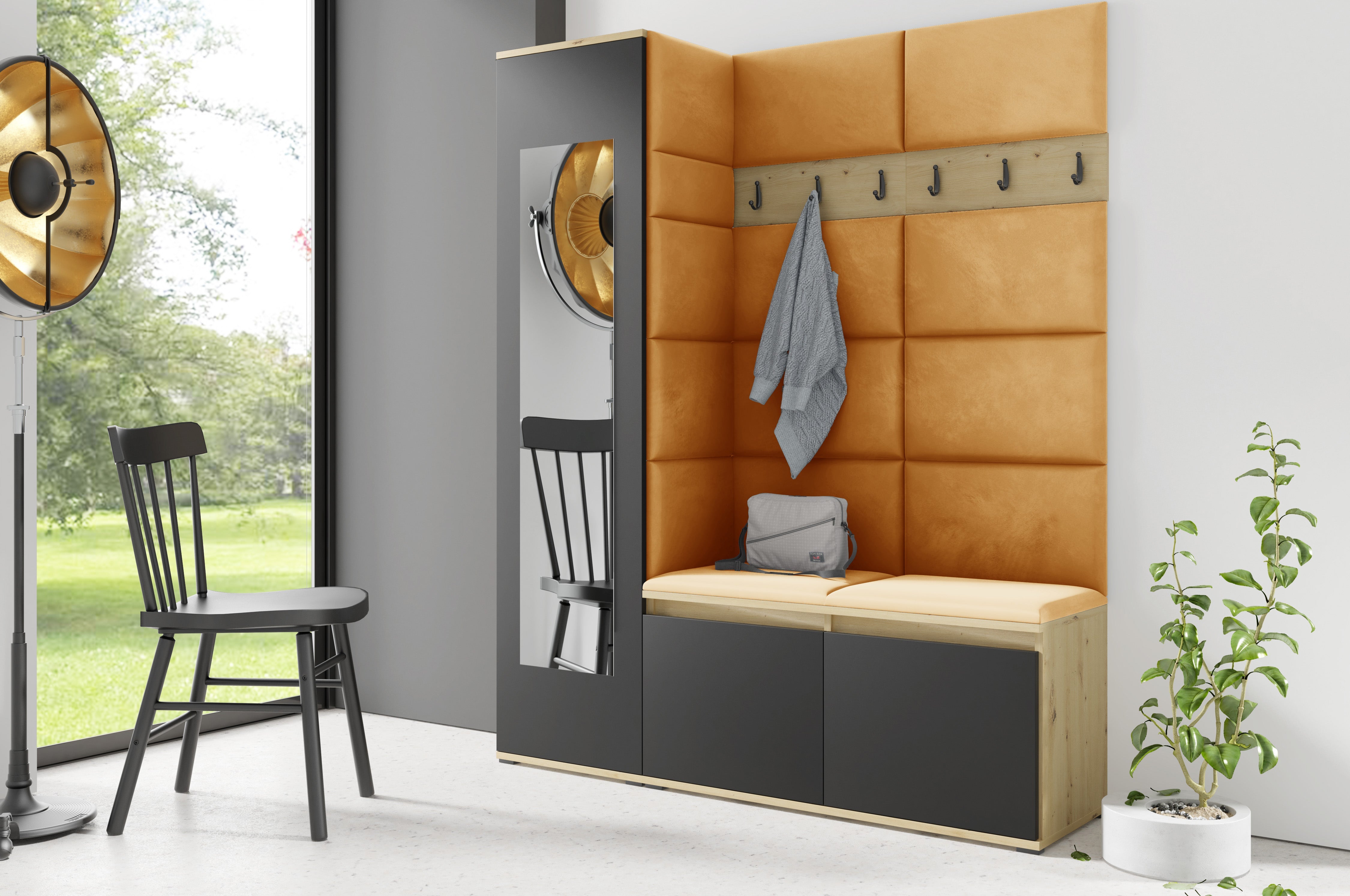 PK Emi 14 Hallway Wardrobe Artisan Oak / Black - Upholstered Panels in Various Colours