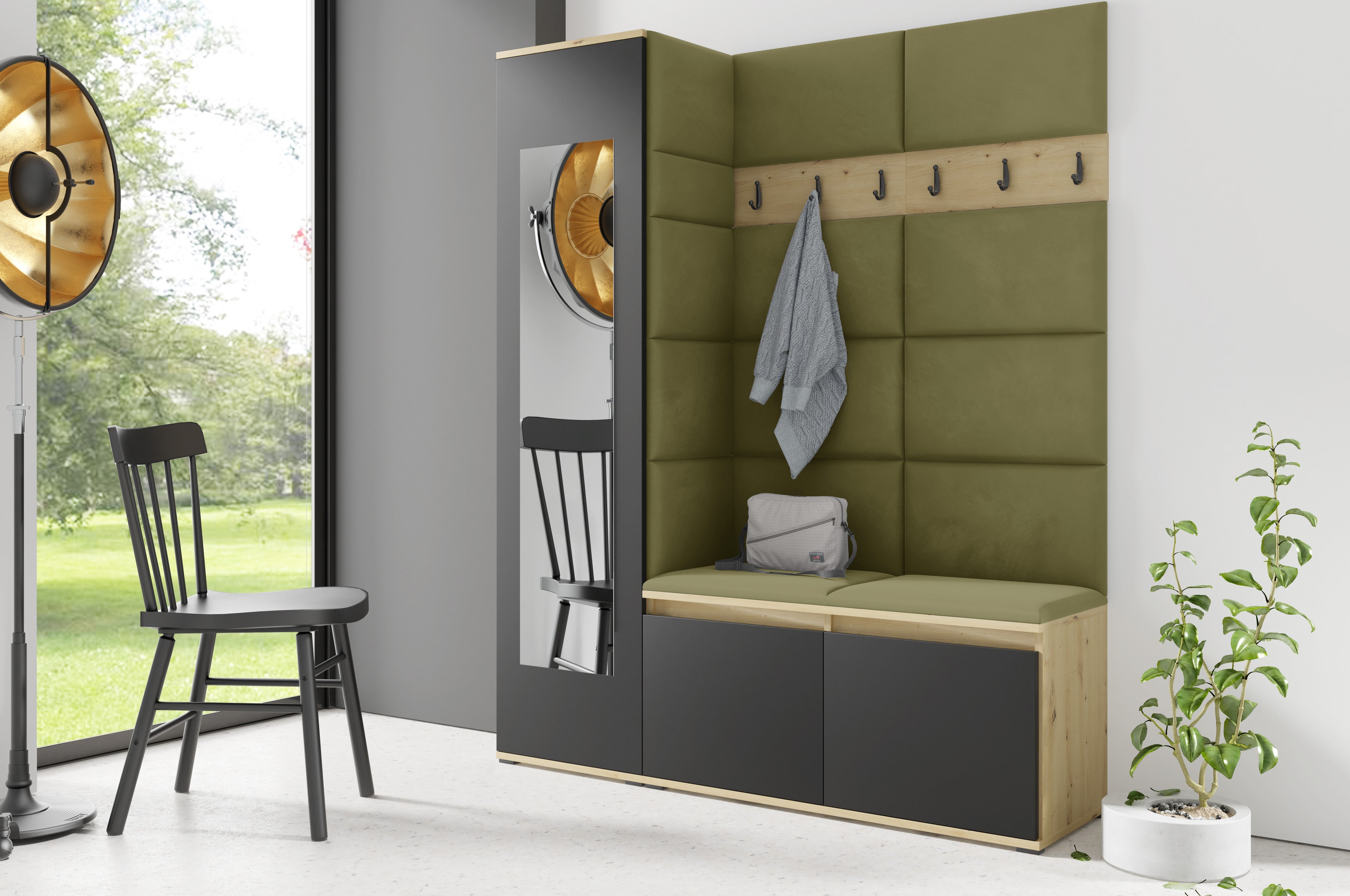 PK Emi 14 Hallway Wardrobe Artisan Oak / Black - Upholstered Panels in Various Colours