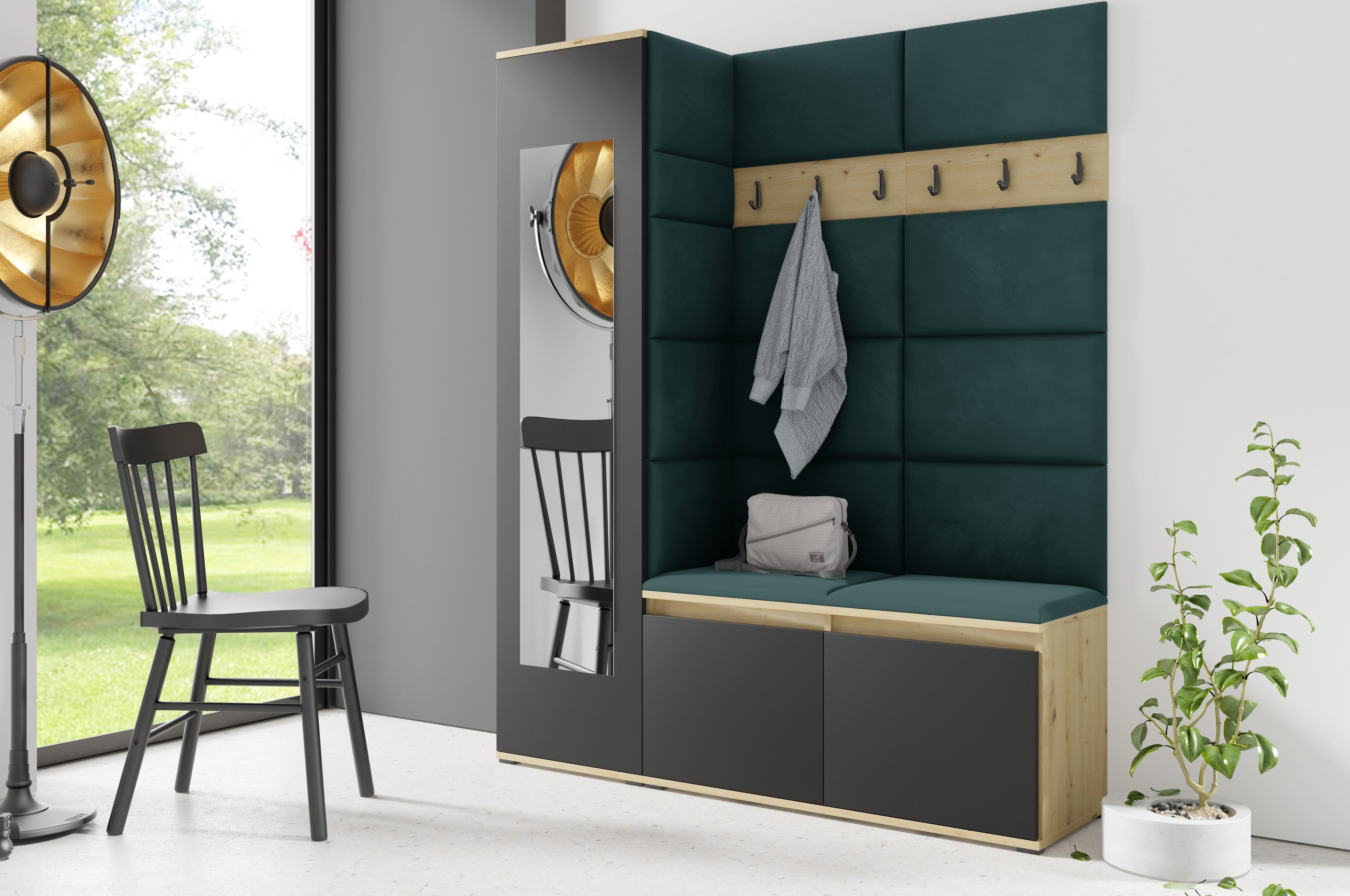 PK Emi 14 Hallway Wardrobe Artisan Oak / Black - Upholstered Panels in Various Colours
