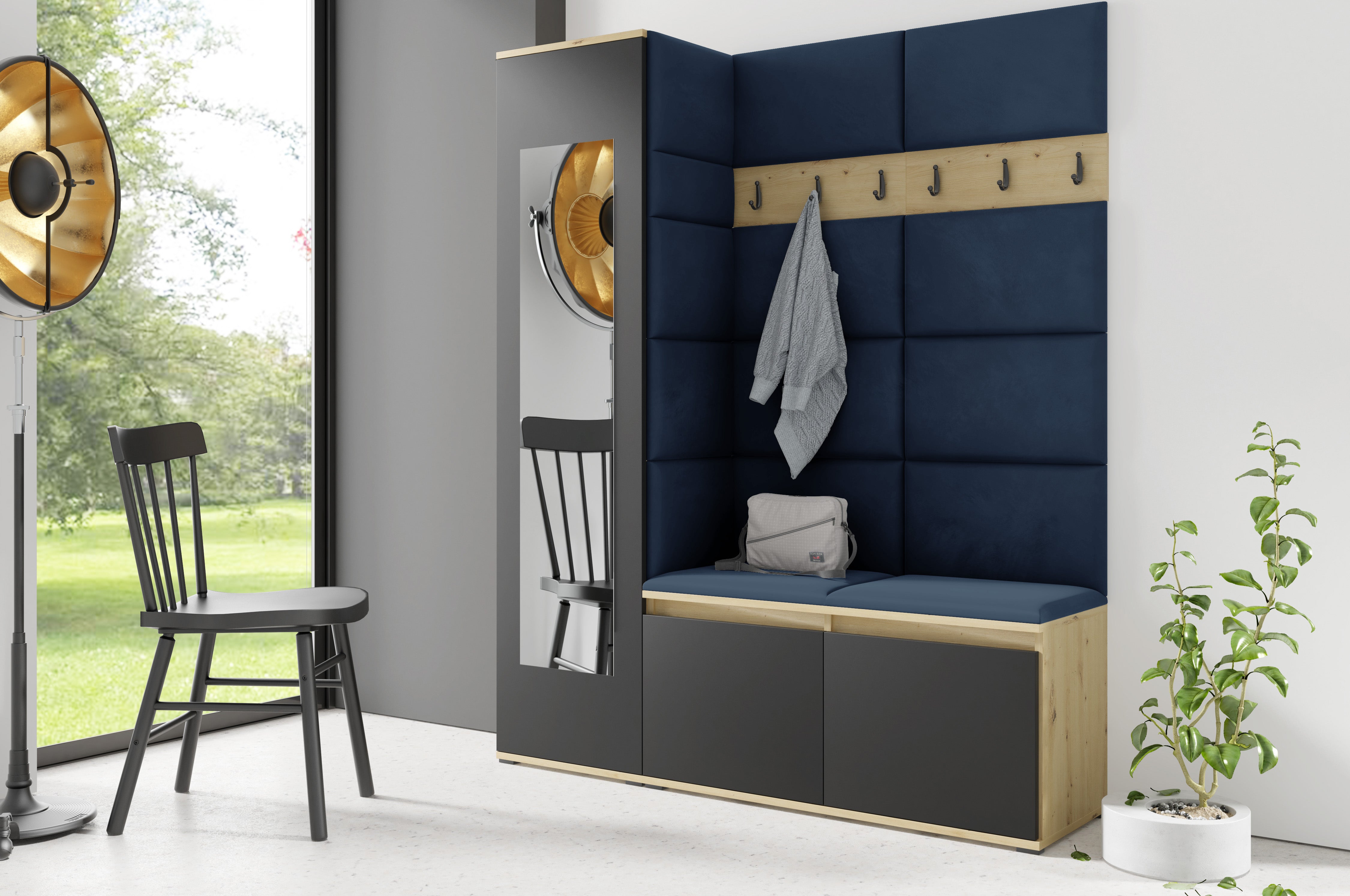 PK Emi 14 Hallway Wardrobe Artisan Oak / Black - Upholstered Panels in Various Colours