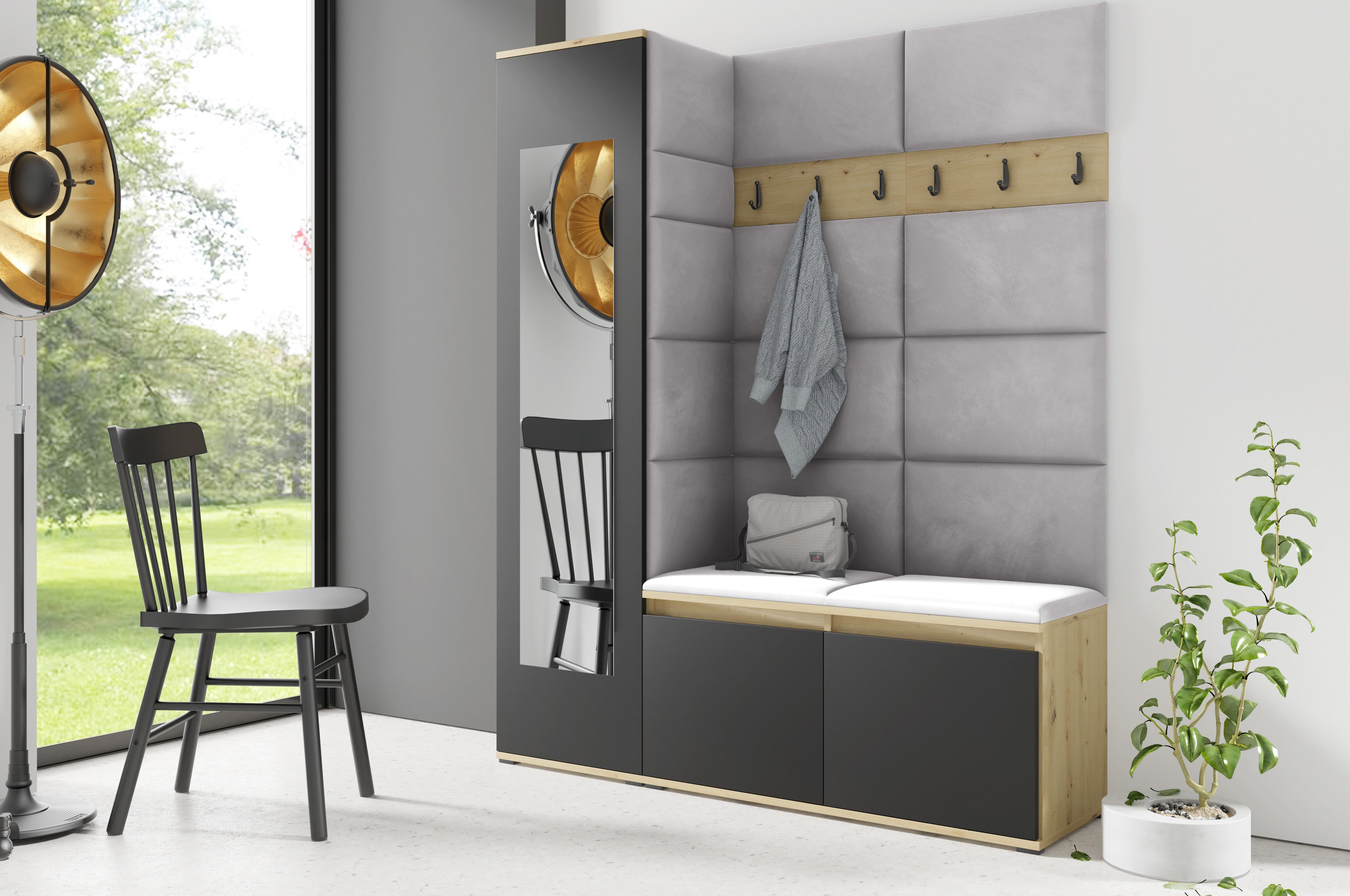 PK Emi 14 Hallway Wardrobe Artisan Oak / Black - Upholstered Panels in Various Colours