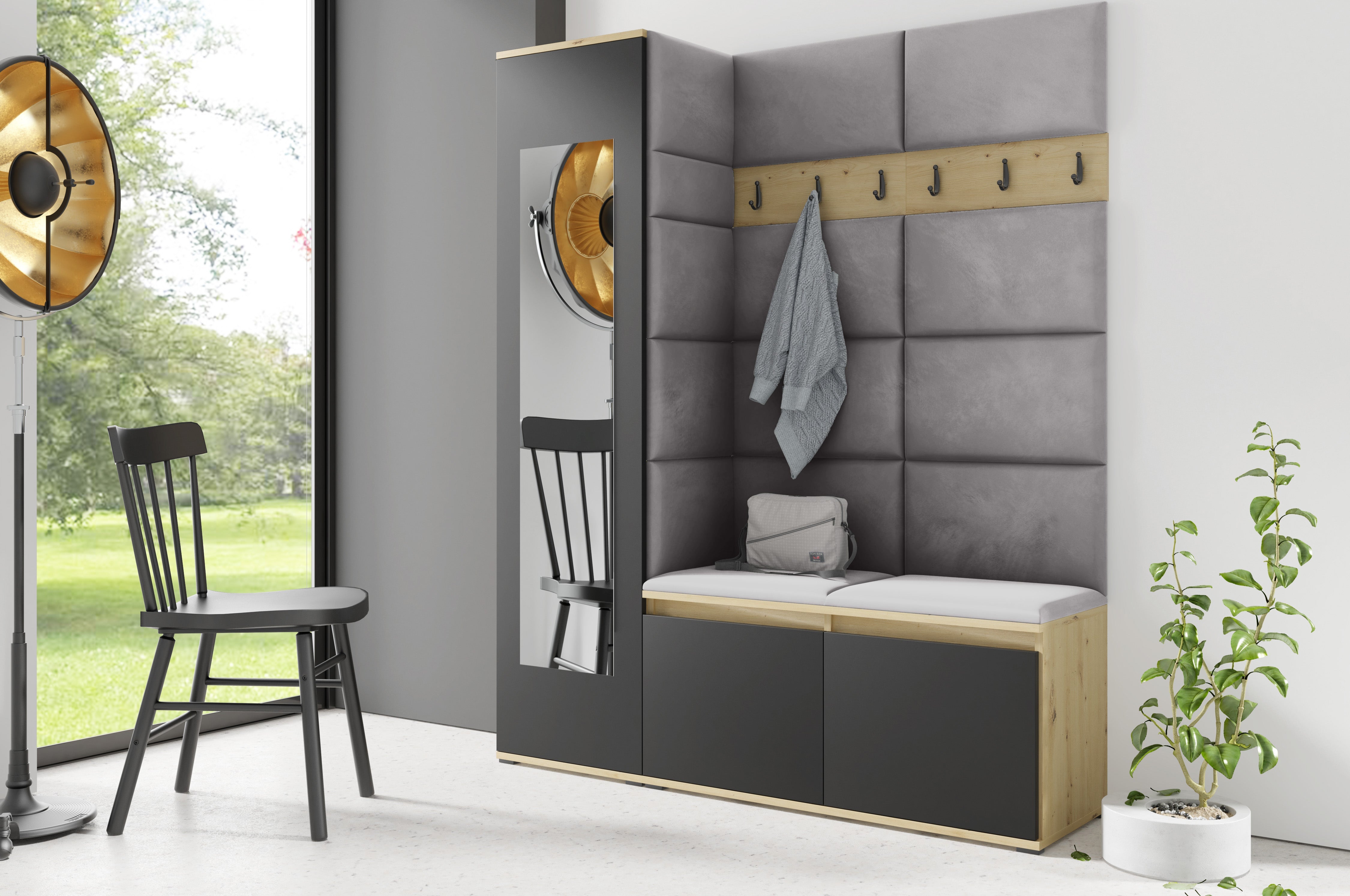 PK Emi 14 Hallway Wardrobe Artisan Oak / Black - Upholstered Panels in Various Colours
