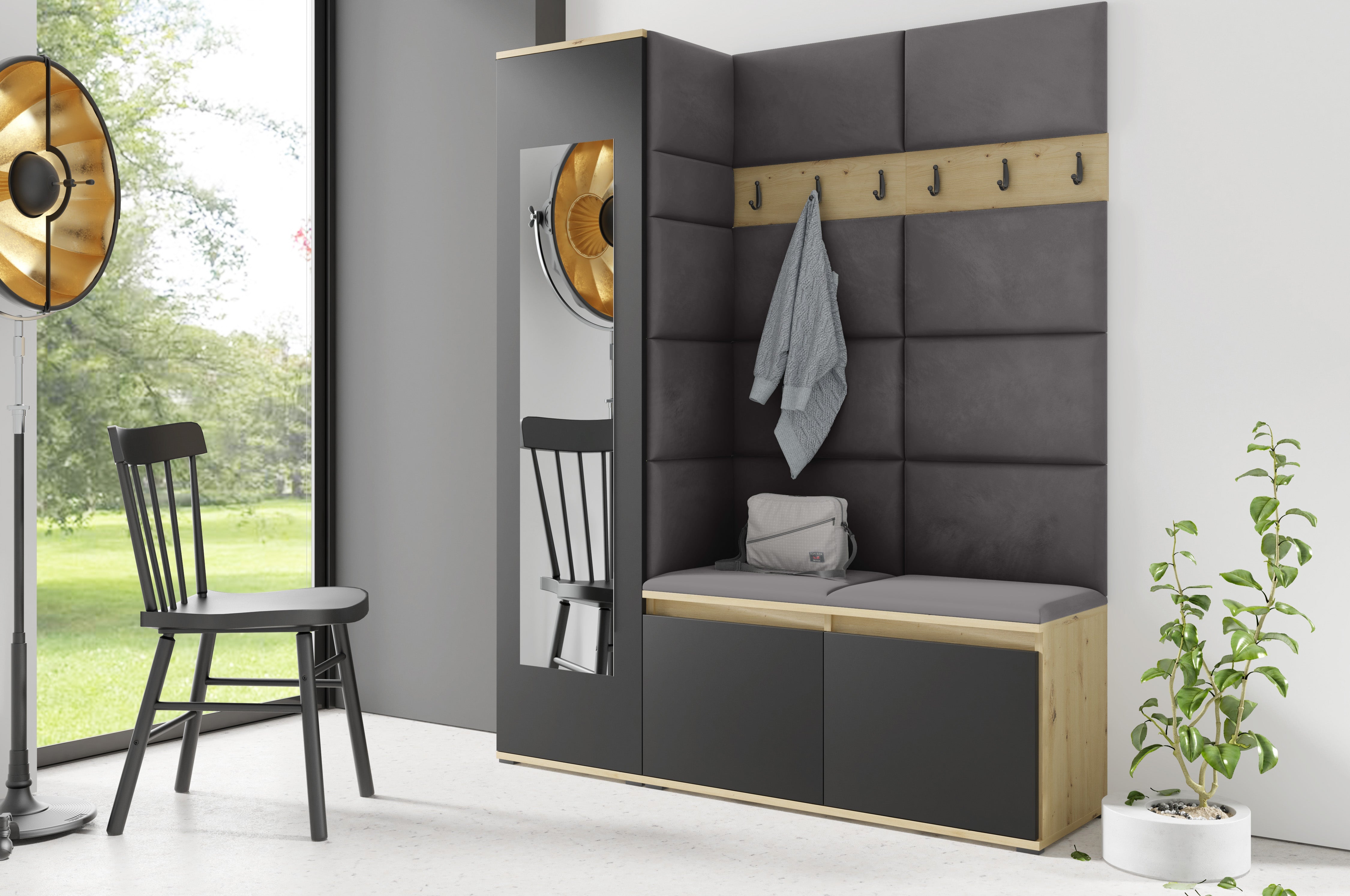 PK Emi 14 Hallway Wardrobe Artisan Oak / Black - Upholstered Panels in Various Colours