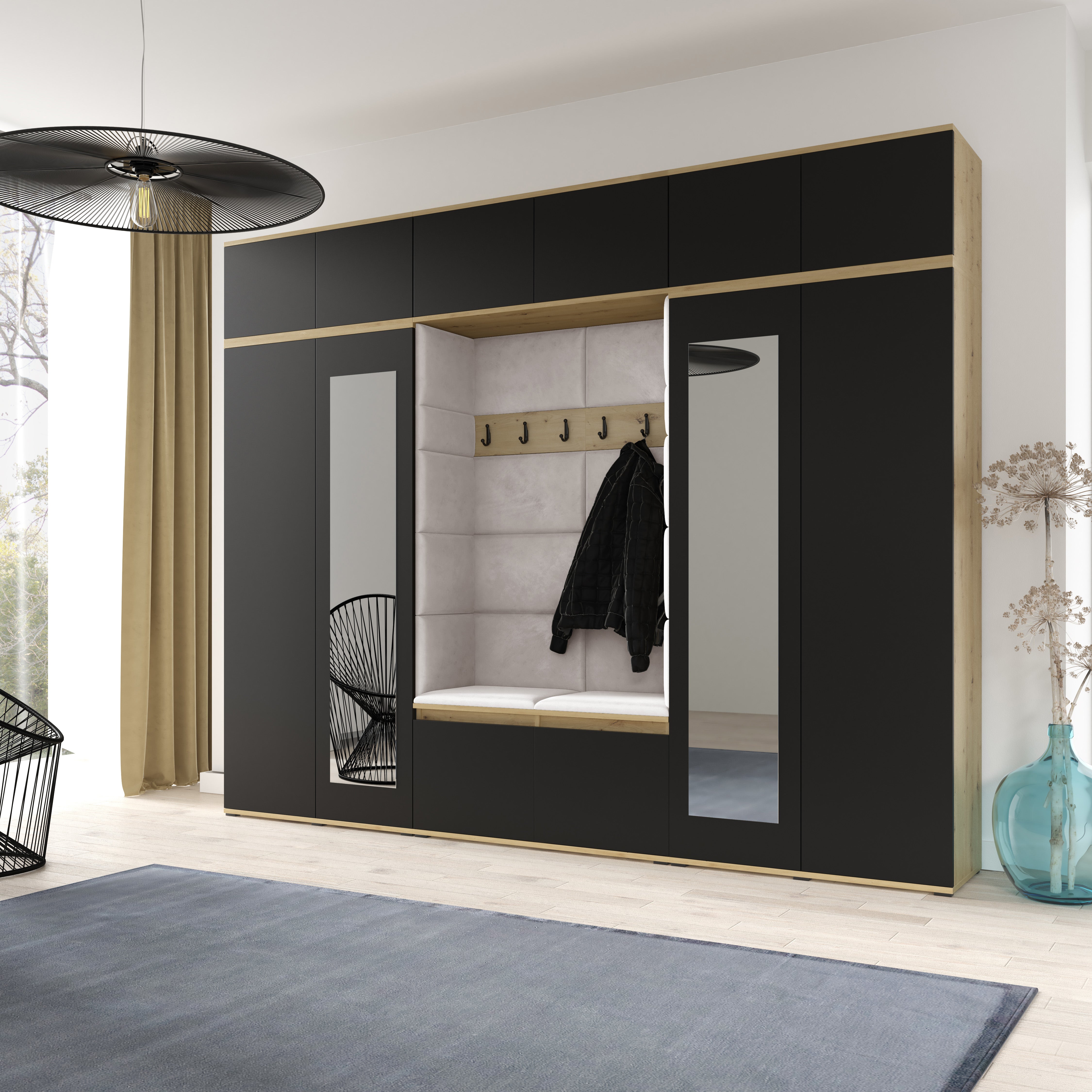 PK Emi 17 Hallway  Artisan Oak / Black- Upholstered Panels in Various Colours