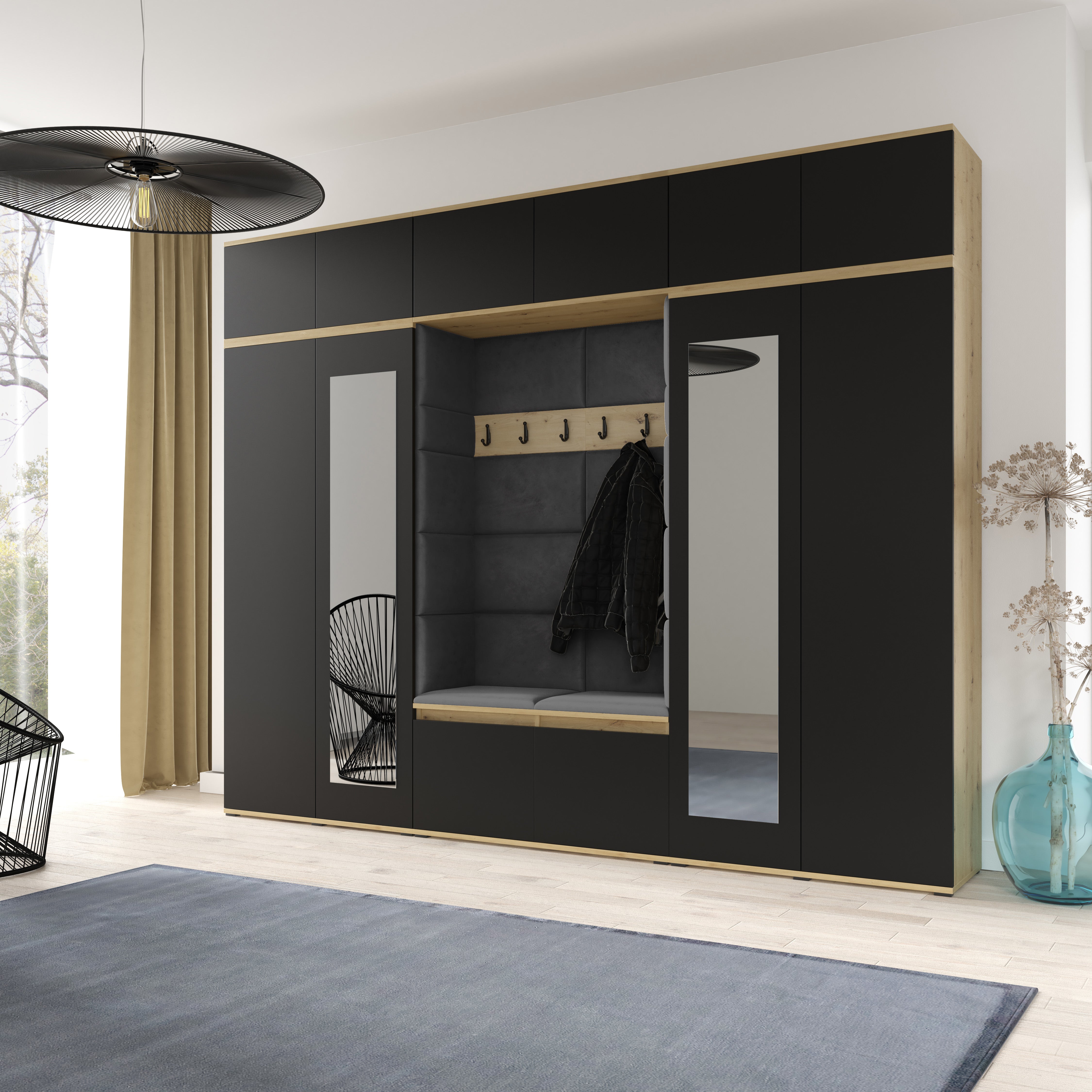 PK Emi 17 Hallway  Artisan Oak / Black- Upholstered Panels in Various Colours