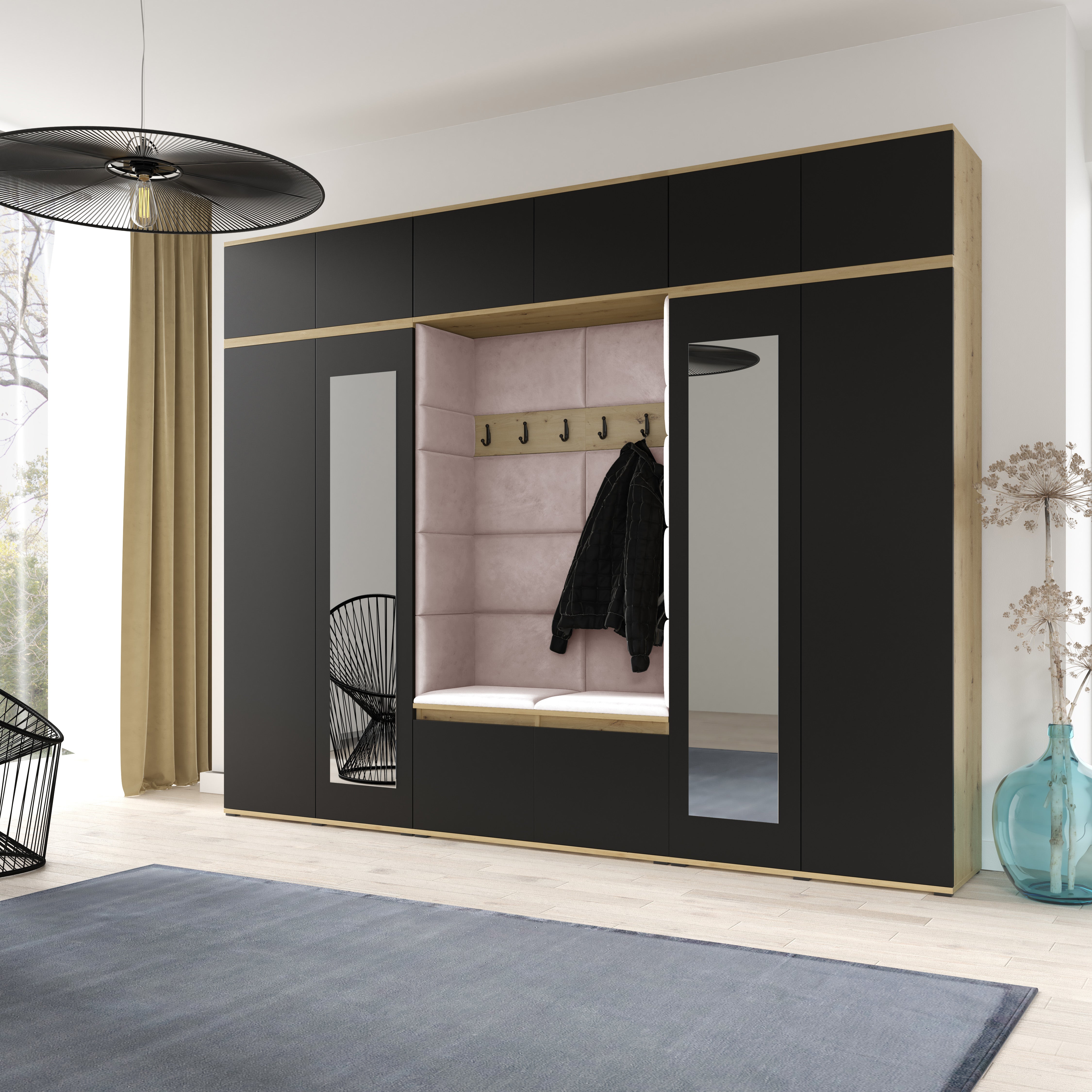 PK Emi 17 Hallway  Artisan Oak / Black- Upholstered Panels in Various Colours