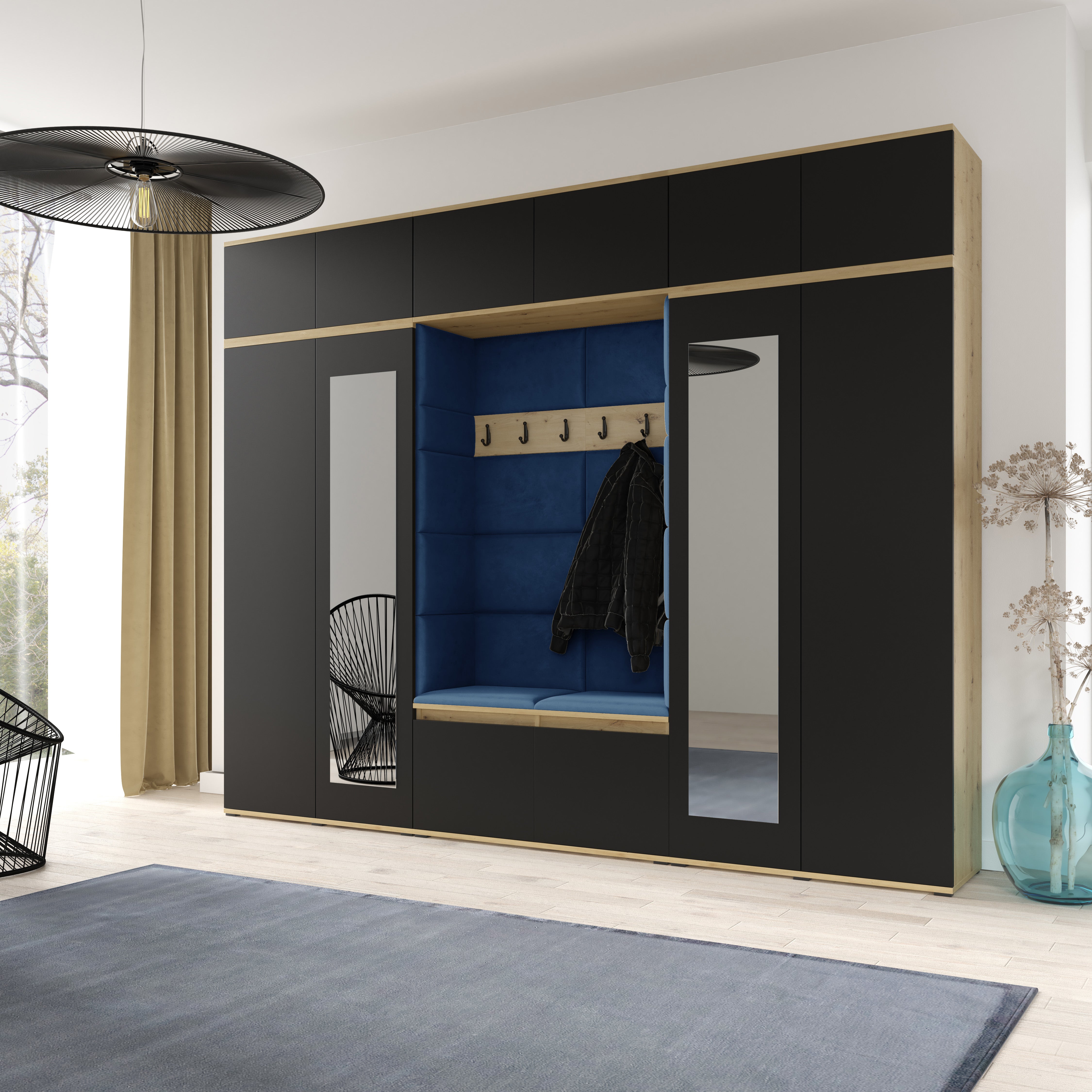 PK Emi 17 Hallway  Artisan Oak / Black- Upholstered Panels in Various Colours