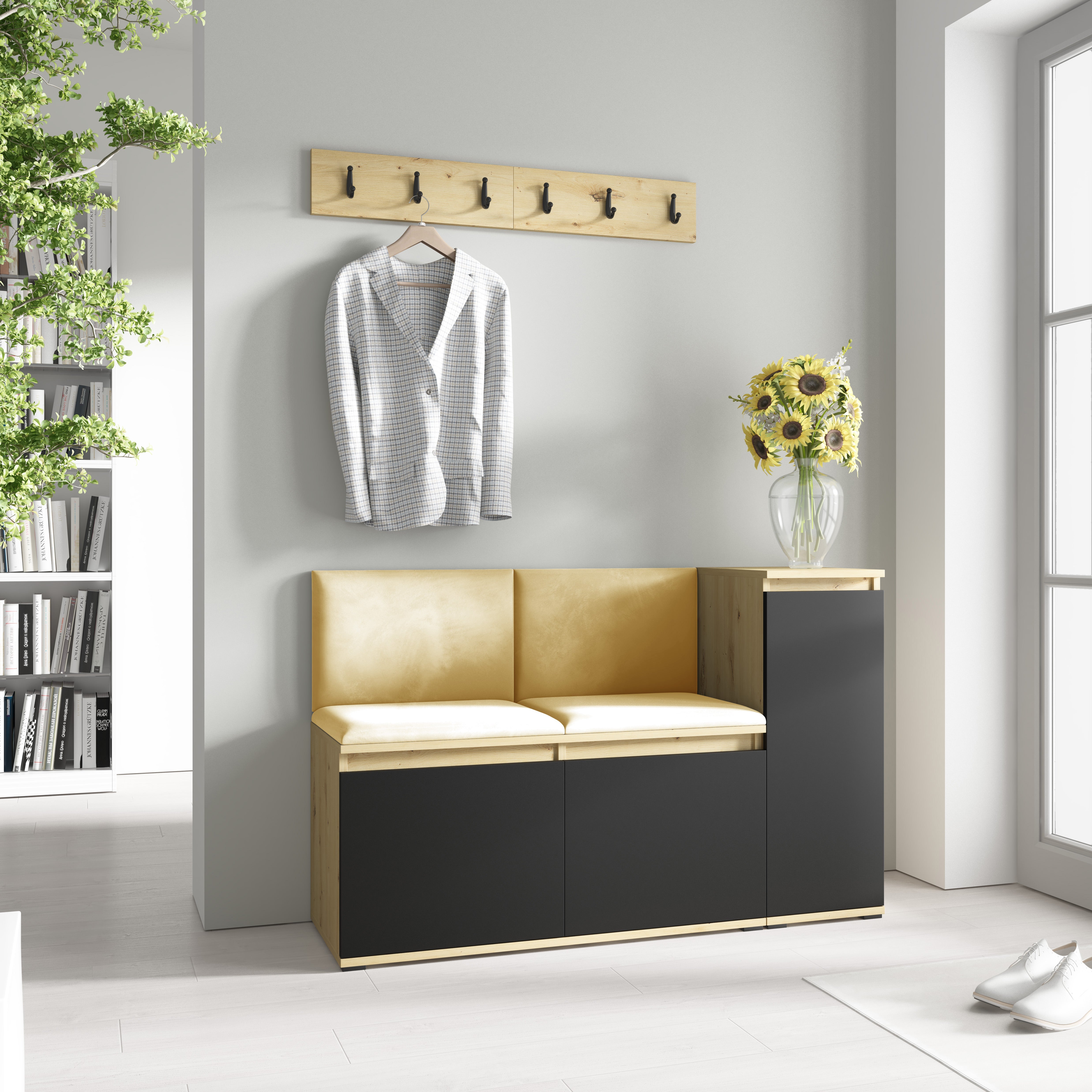 PK Emi 25 Hallway Wardrobe  Aristan Oak/Black - Upholstered Panels in Various Colours