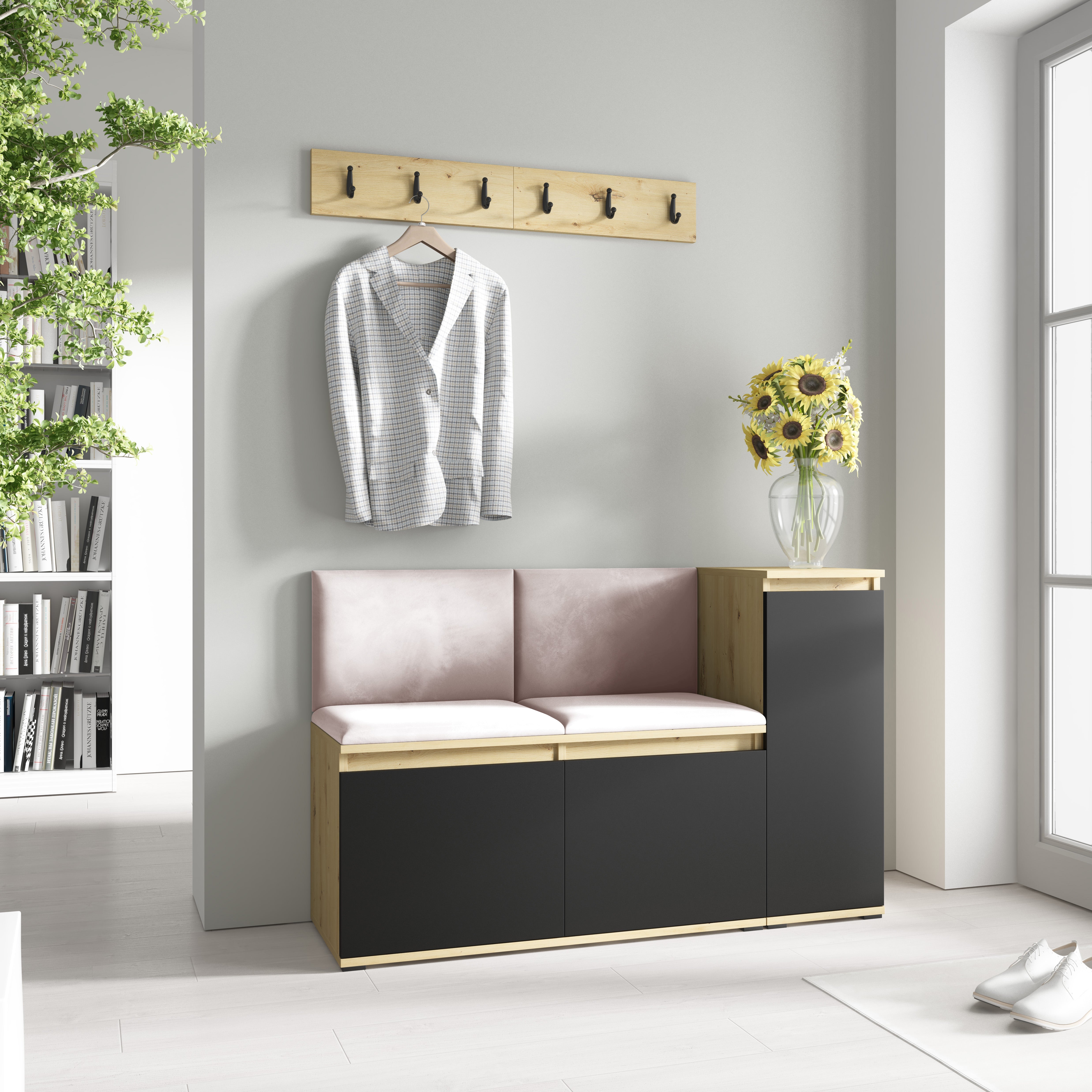 PK Emi 25 Hallway Wardrobe  Aristan Oak/Black - Upholstered Panels in Various Colours