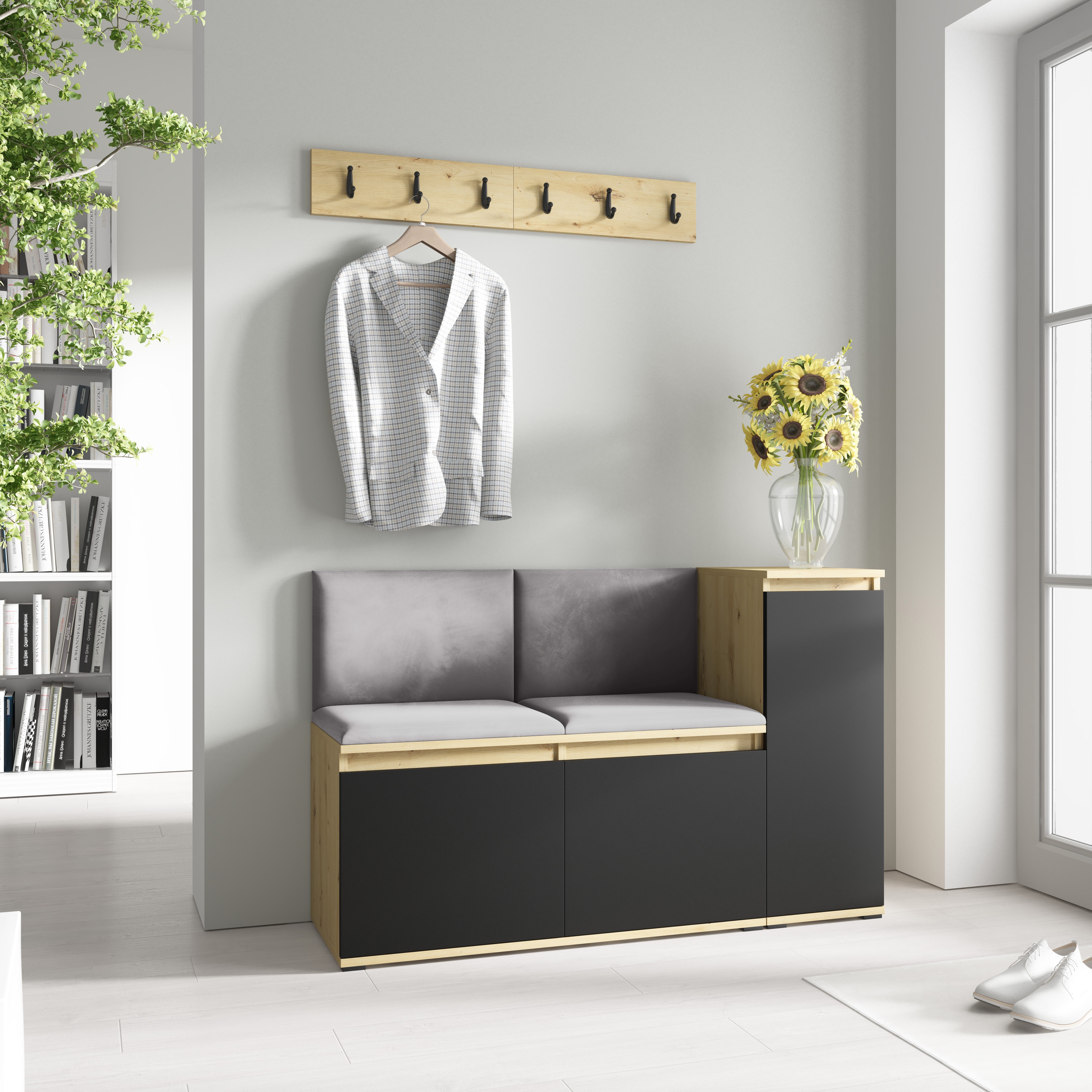 PK Emi 25 Hallway Wardrobe  Aristan Oak/Black - Upholstered Panels in Various Colours