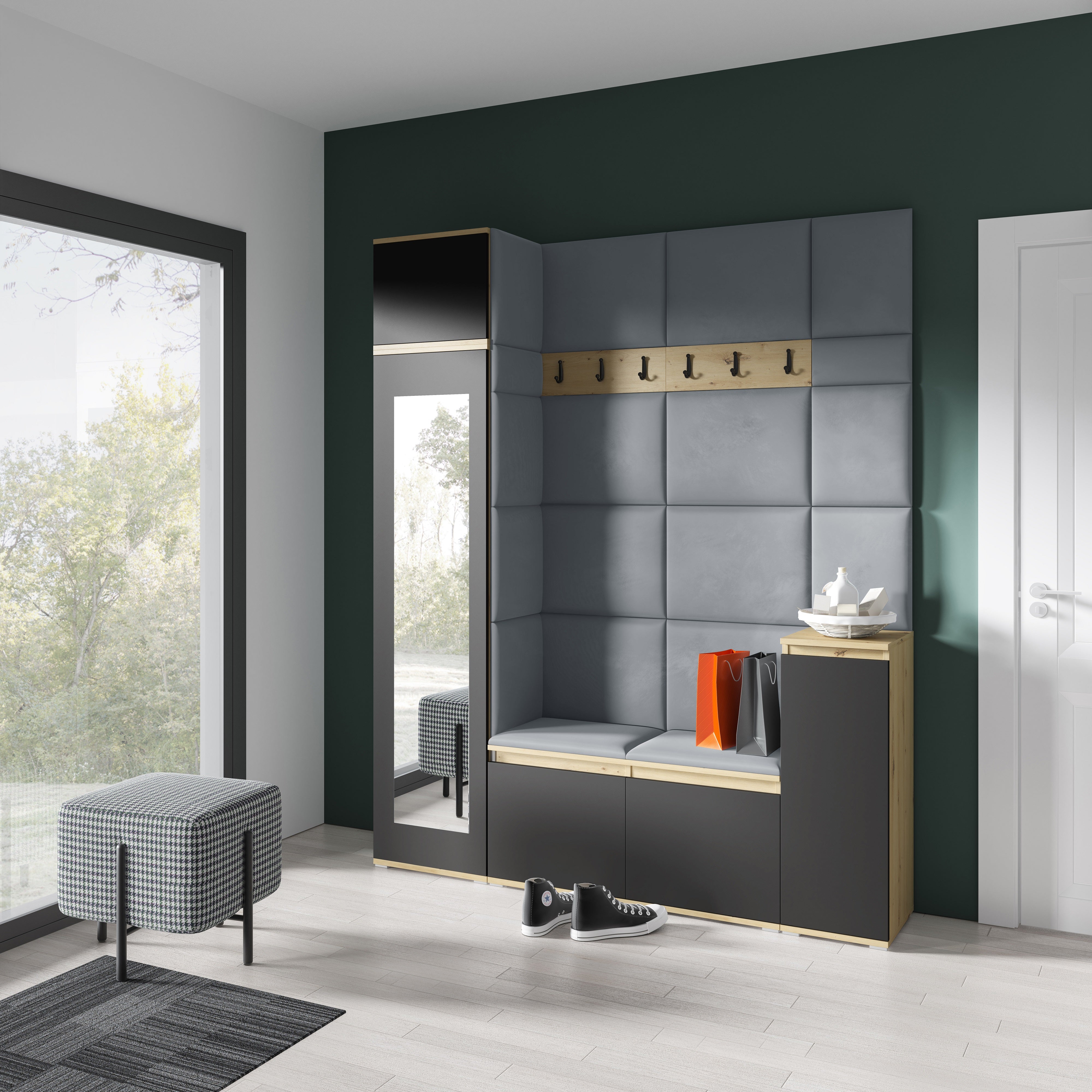 PK Emi 29 Hallway Wardrobe Aristan Oak/Black - Upholstered Panels in Various Colours