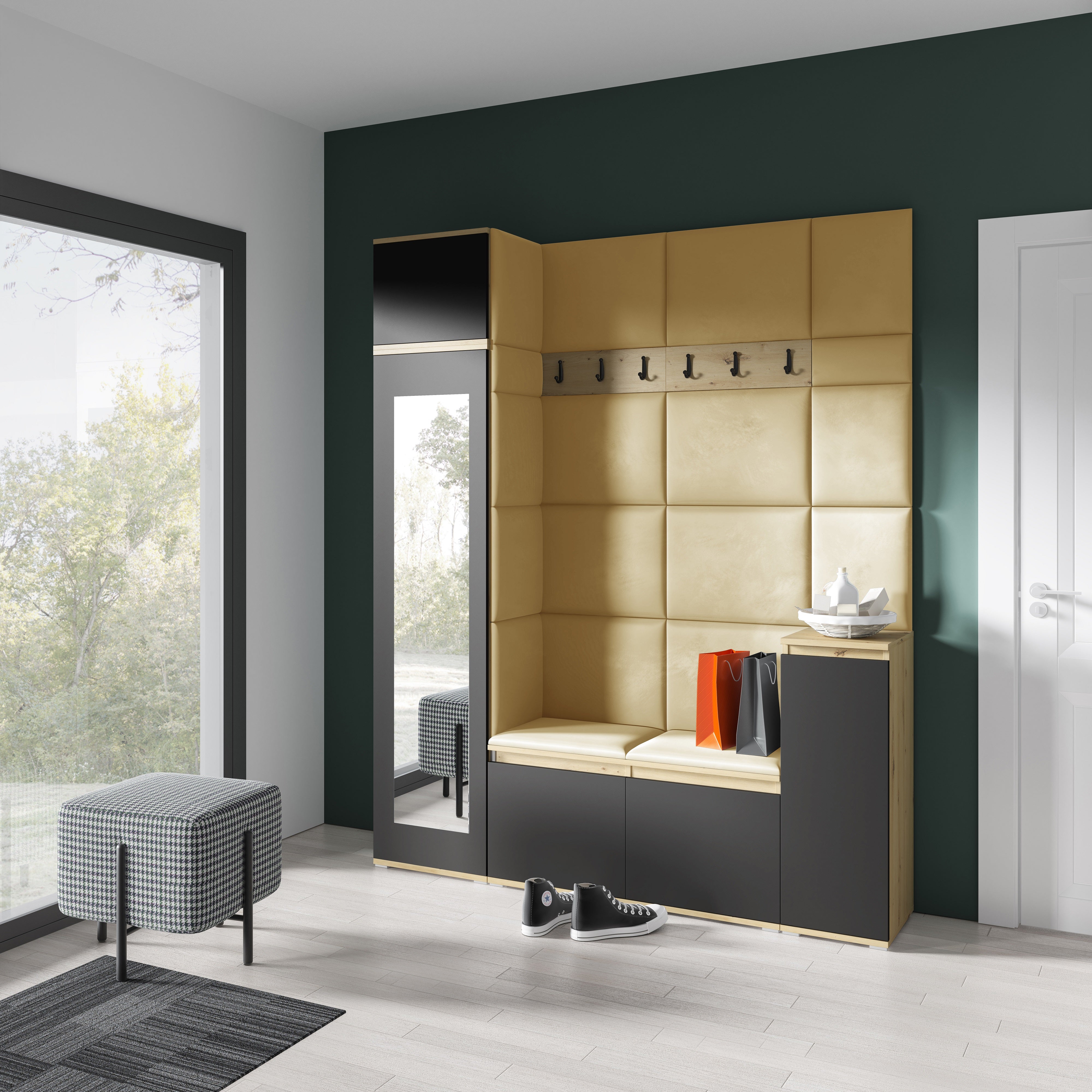 PK Emi 29 Hallway Wardrobe Aristan Oak/Black - Upholstered Panels in Various Colours