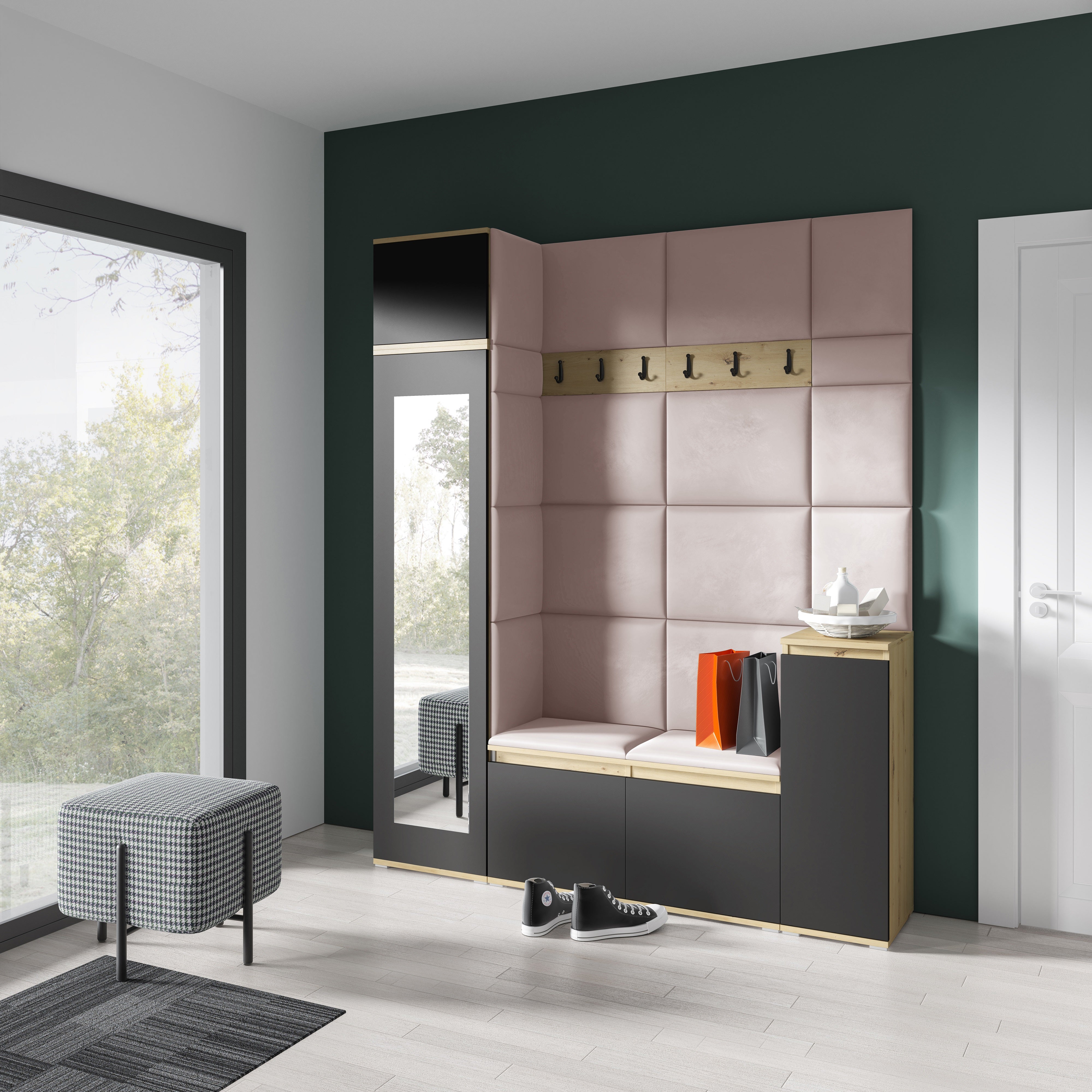 PK Emi 29 Hallway Wardrobe Aristan Oak/Black - Upholstered Panels in Various Colours