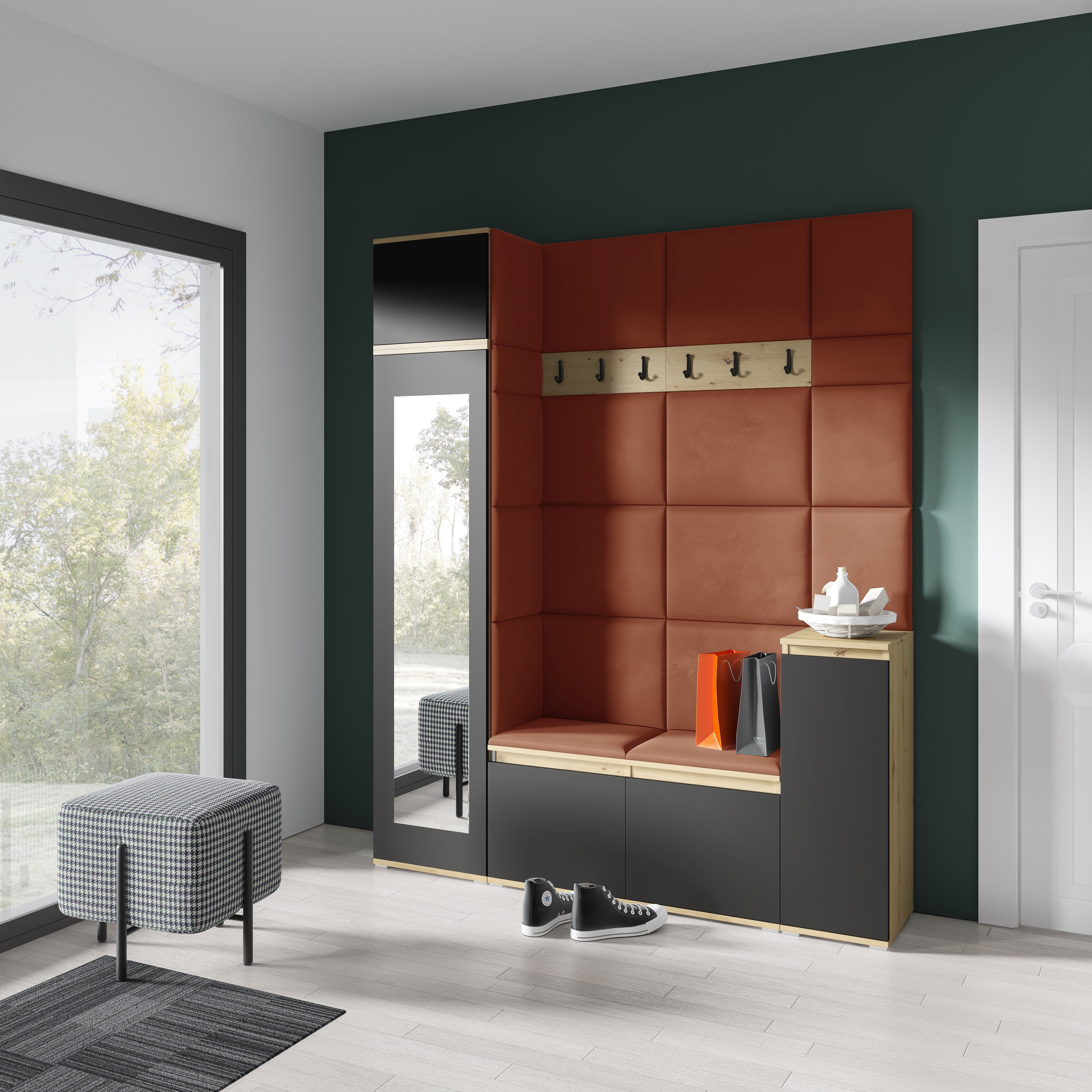 PK Emi 29 Hallway Wardrobe Aristan Oak/Black - Upholstered Panels in Various Colours