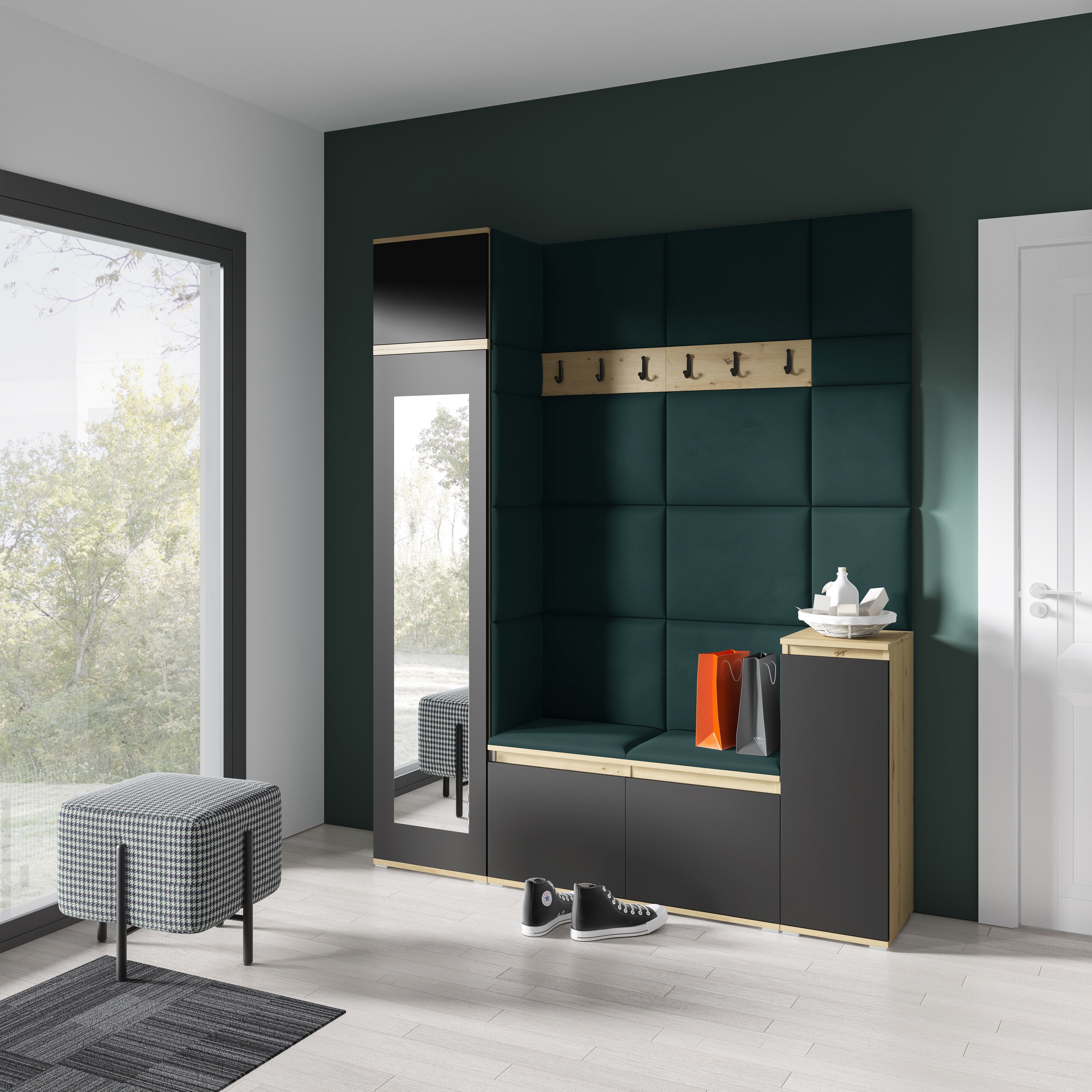 PK Emi 29 Hallway Wardrobe Aristan Oak/Black - Upholstered Panels in Various Colours