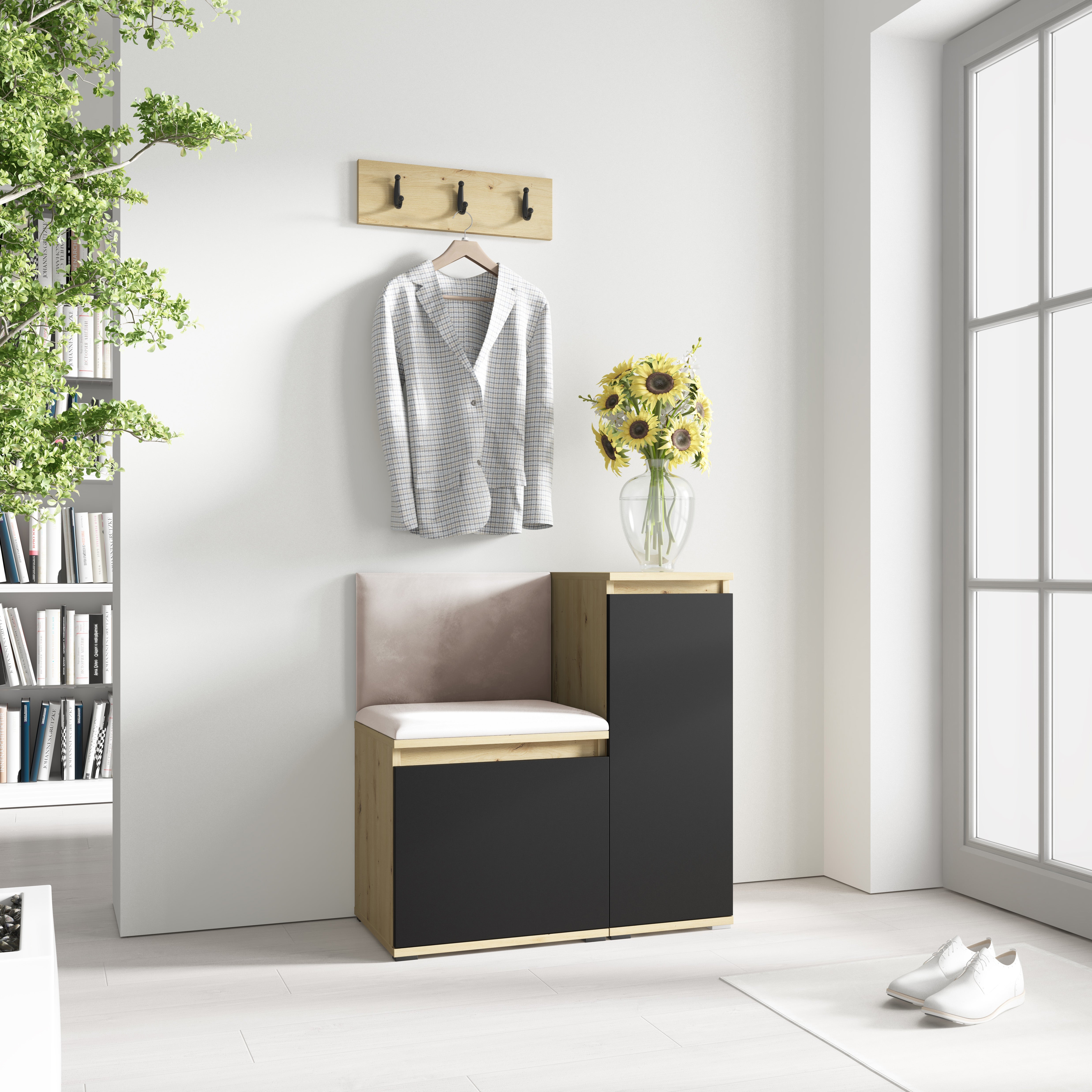 PK Emi 30 Hallway Wardrobe Aristan Oak/Black - Upholstered Panels in Various Colours