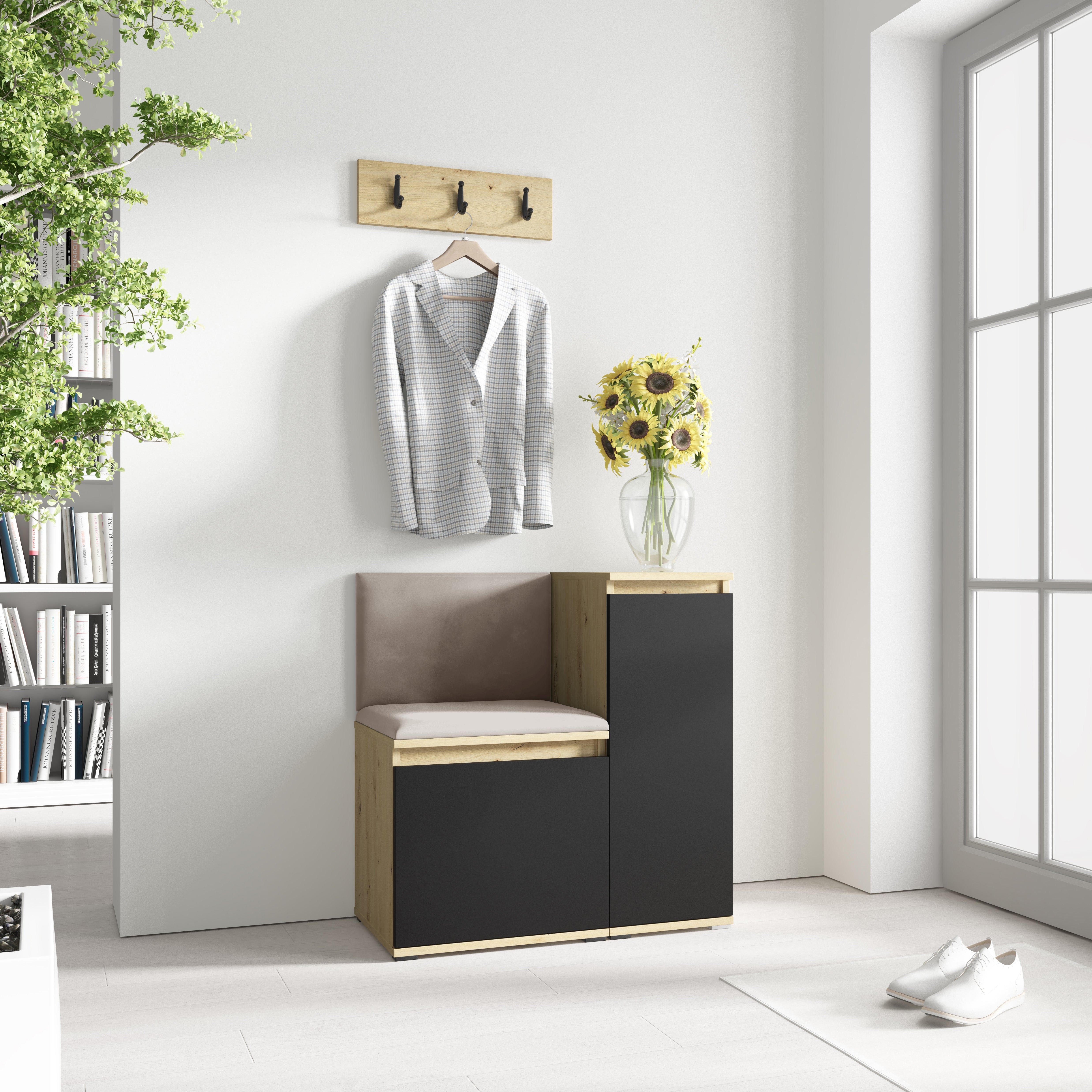 PK Emi 30 Hallway Wardrobe Aristan Oak/Black - Upholstered Panels in Various Colours