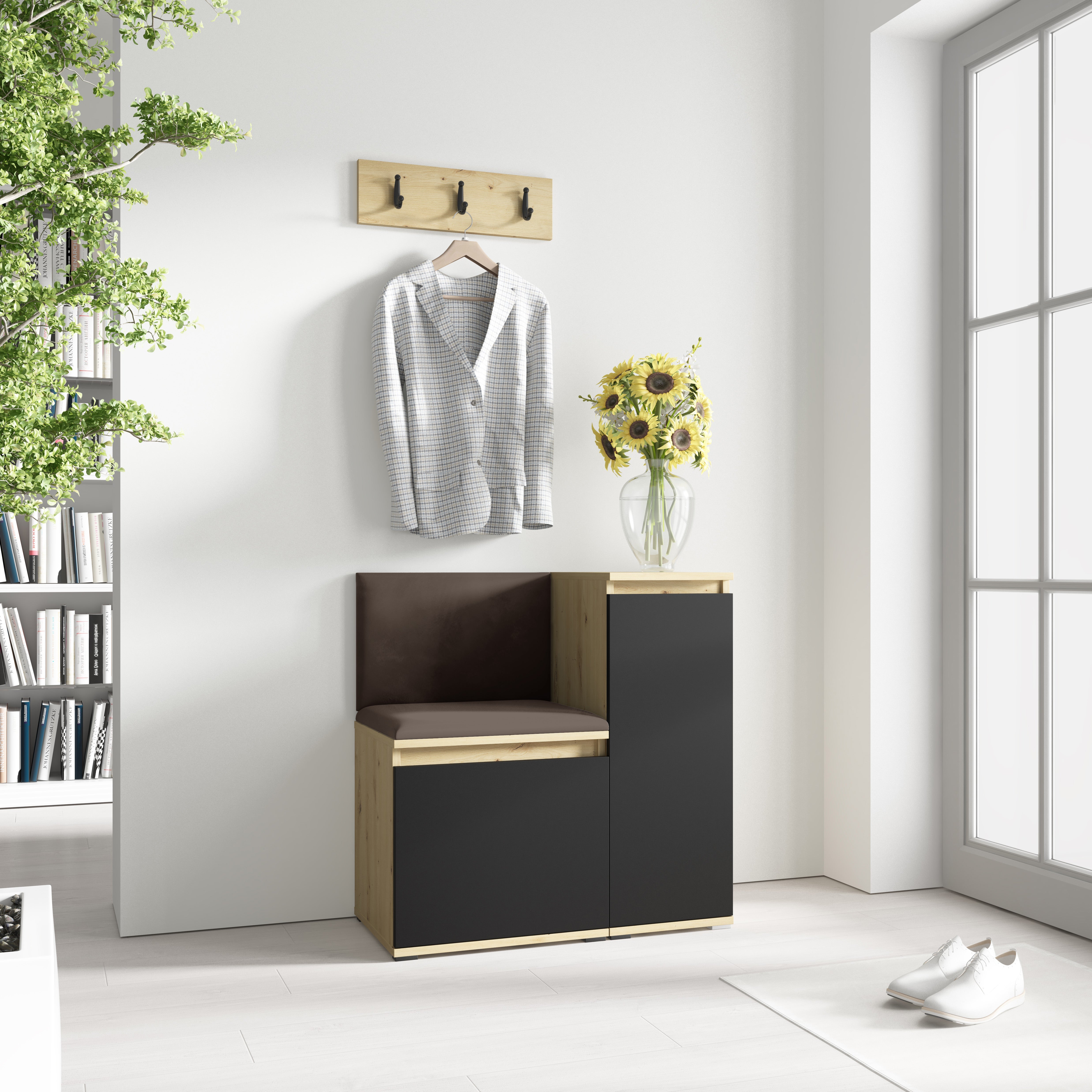 PK Emi 30 Hallway Wardrobe Aristan Oak/Black - Upholstered Panels in Various Colours