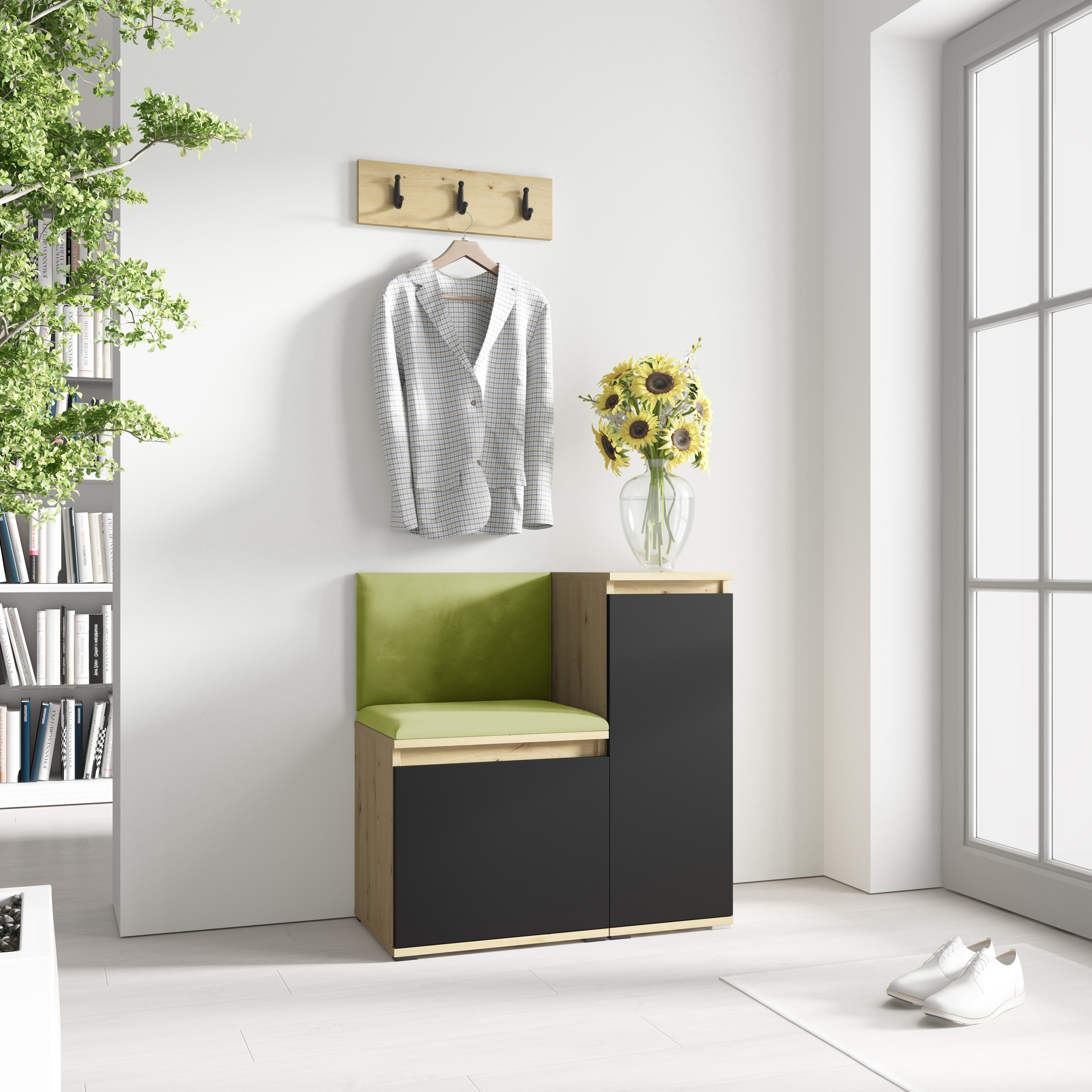 PK Emi 30 Hallway Wardrobe Aristan Oak/Black - Upholstered Panels in Various Colours