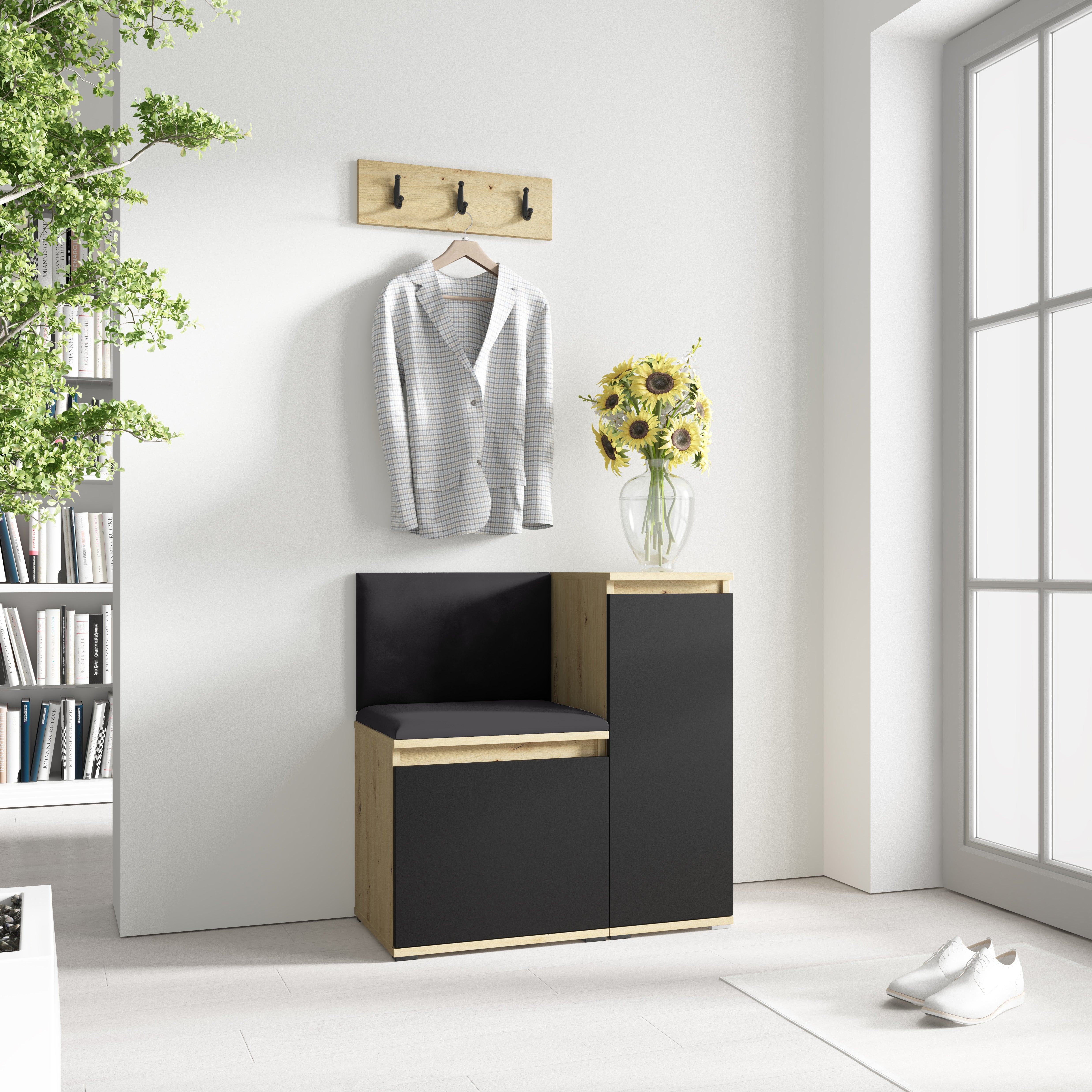 PK Emi 30 Hallway Wardrobe Aristan Oak/Black - Upholstered Panels in Various Colours