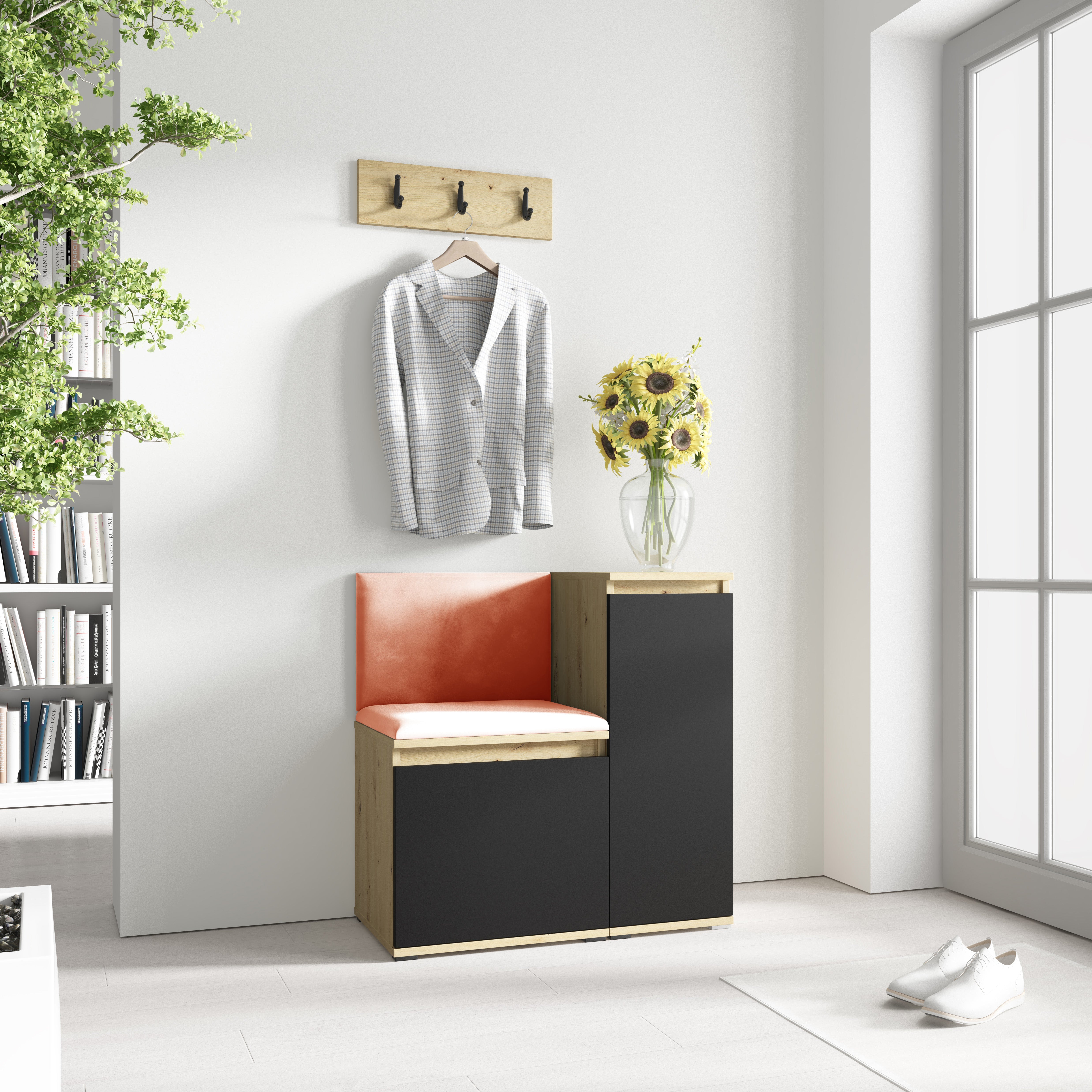 PK Emi 30 Hallway Wardrobe Aristan Oak/Black - Upholstered Panels in Various Colours