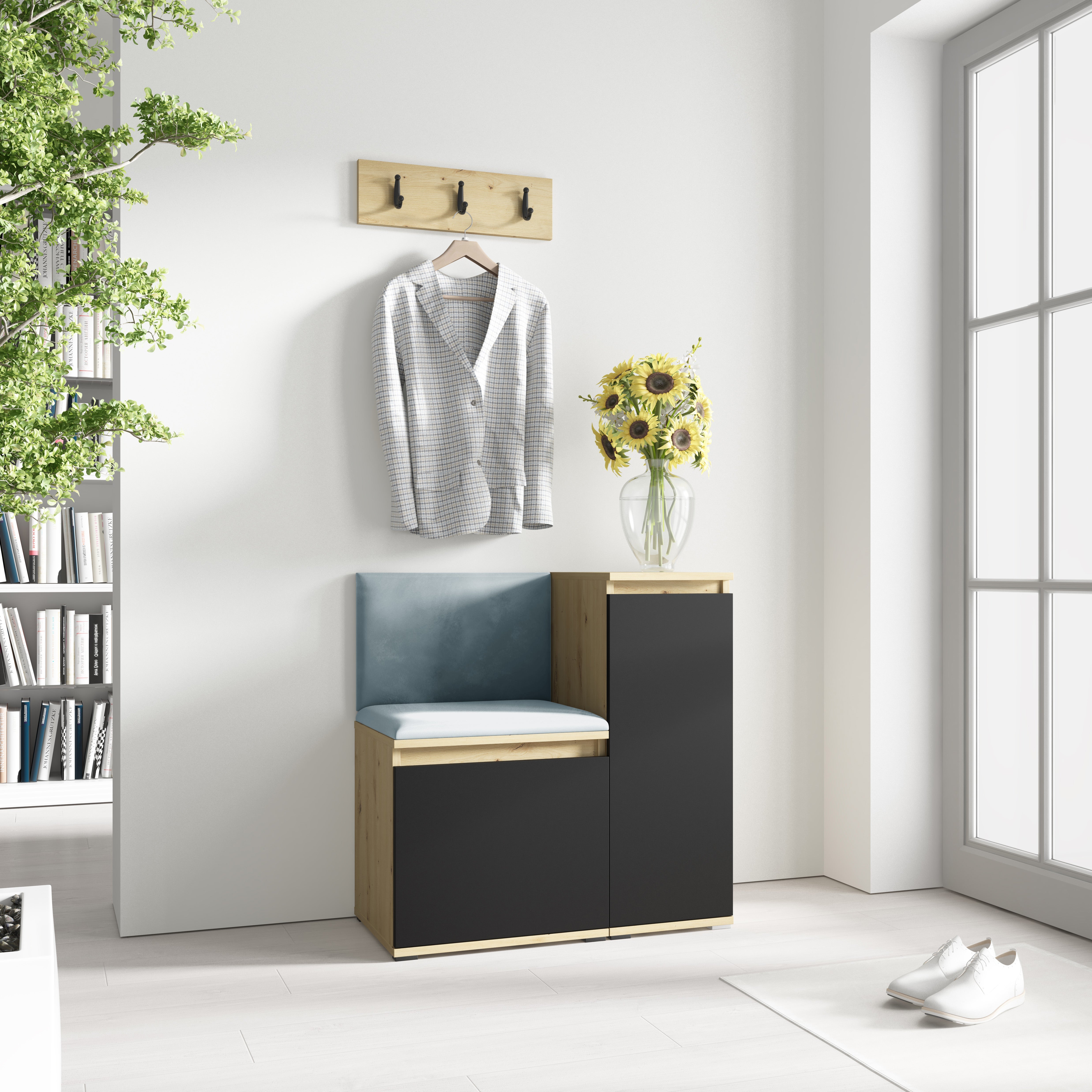 PK Emi 30 Hallway Wardrobe Aristan Oak/Black - Upholstered Panels in Various Colours