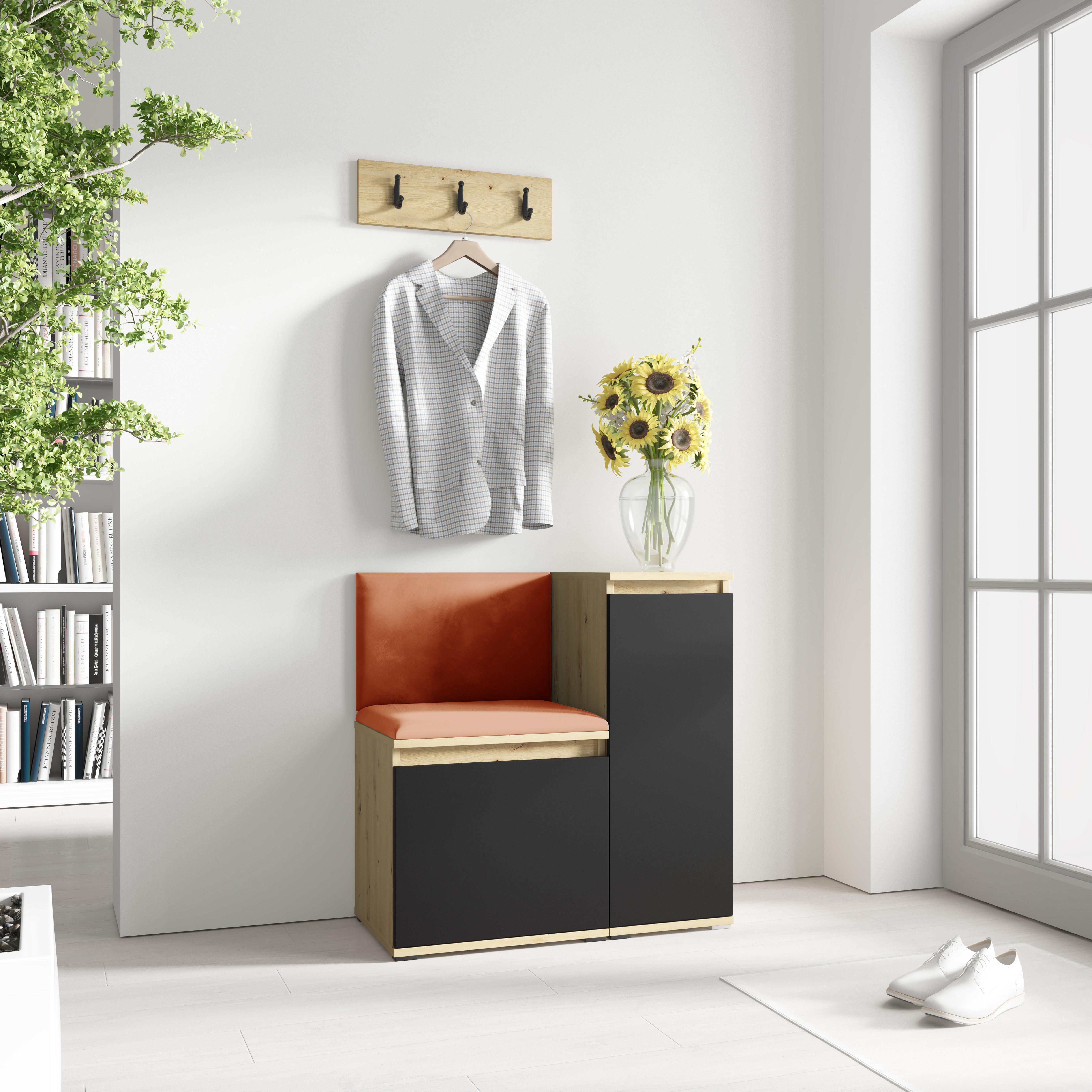 PK Emi 30 Hallway Wardrobe Aristan Oak/Black - Upholstered Panels in Various Colours