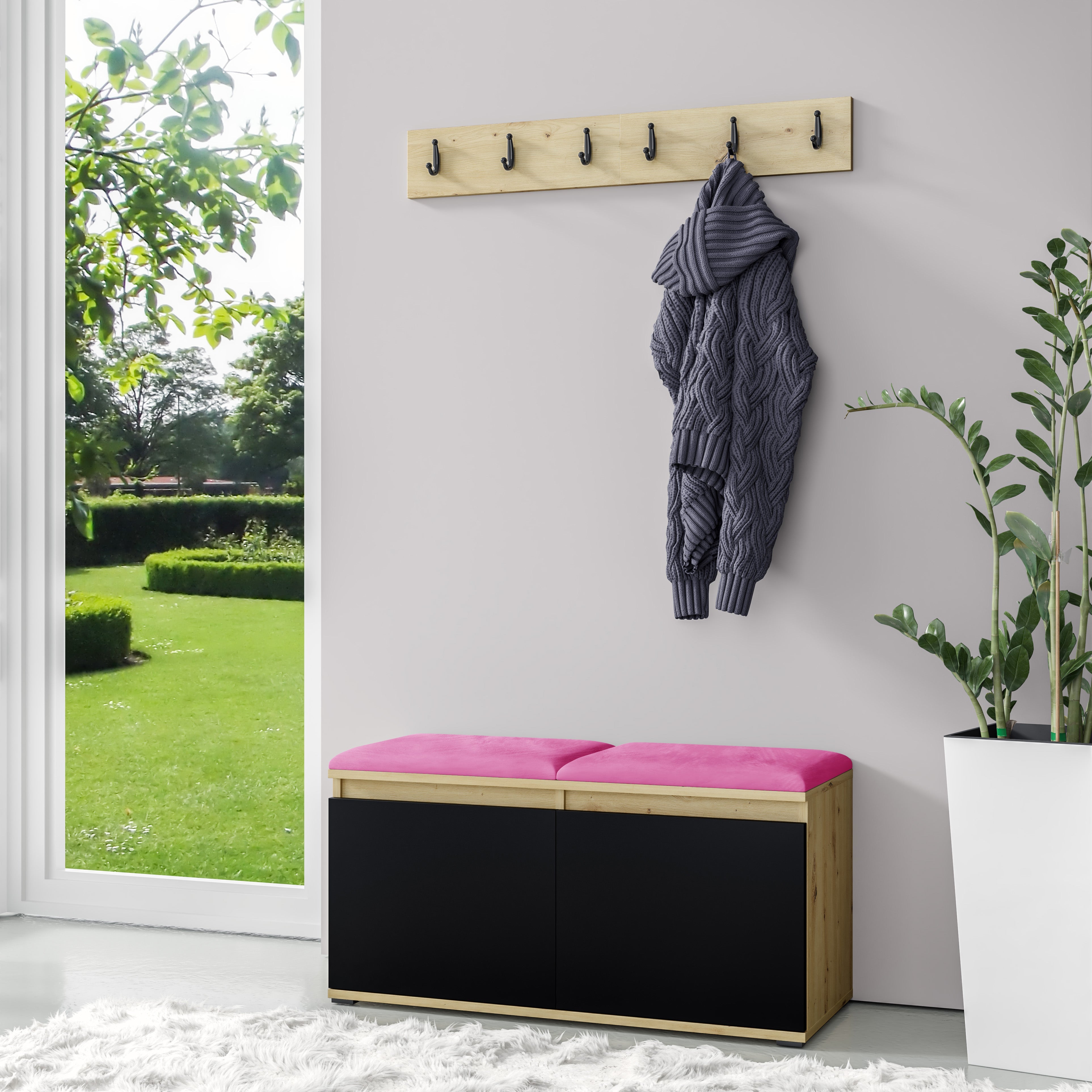 PK Emi 5 Hallway Wardrobe Artisan Oak / Black - Upholstered Panels in Various Colours