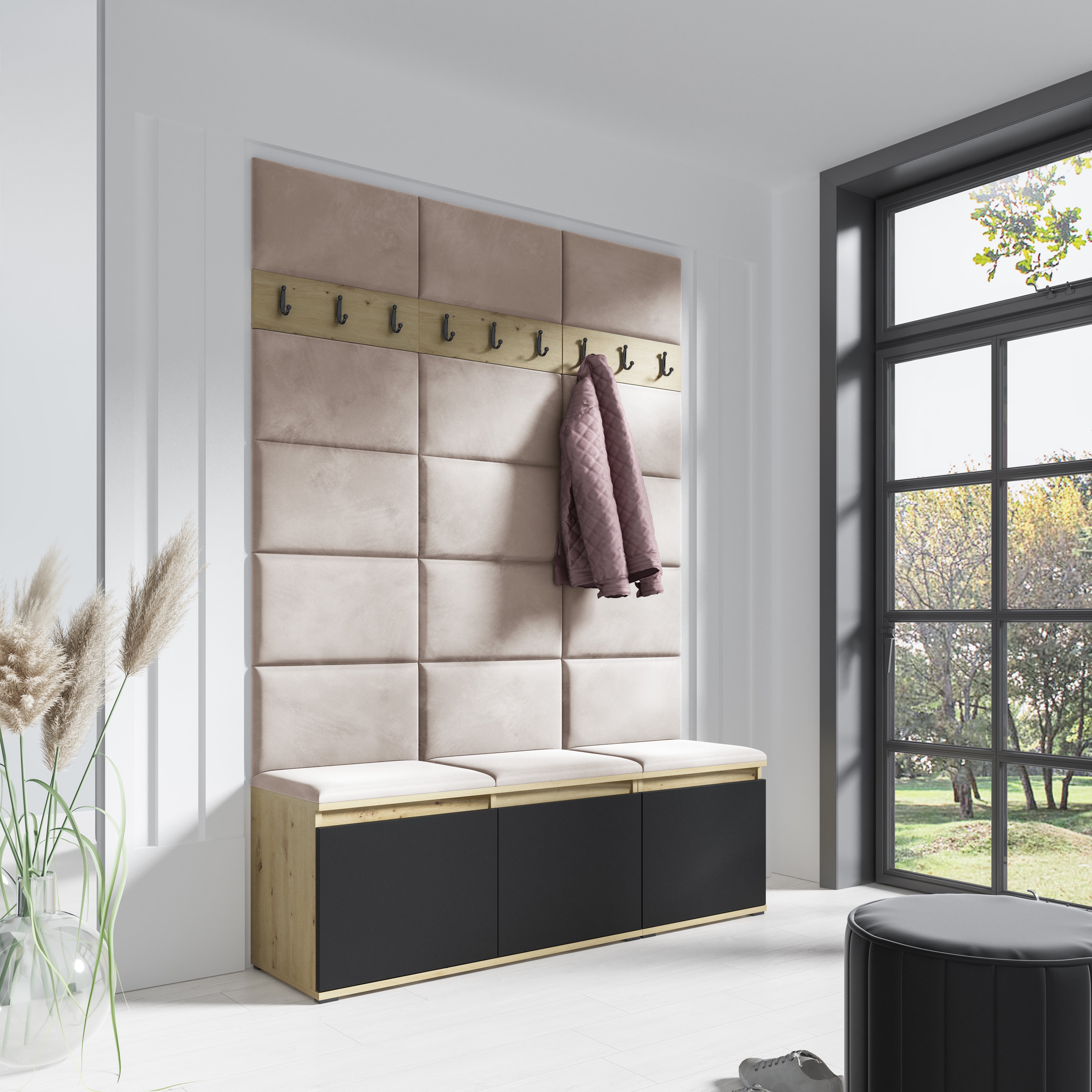 PK Emi 6 Hallway Wardrobe Artisan Oak / Black - Upholstered Panels in Various Colours