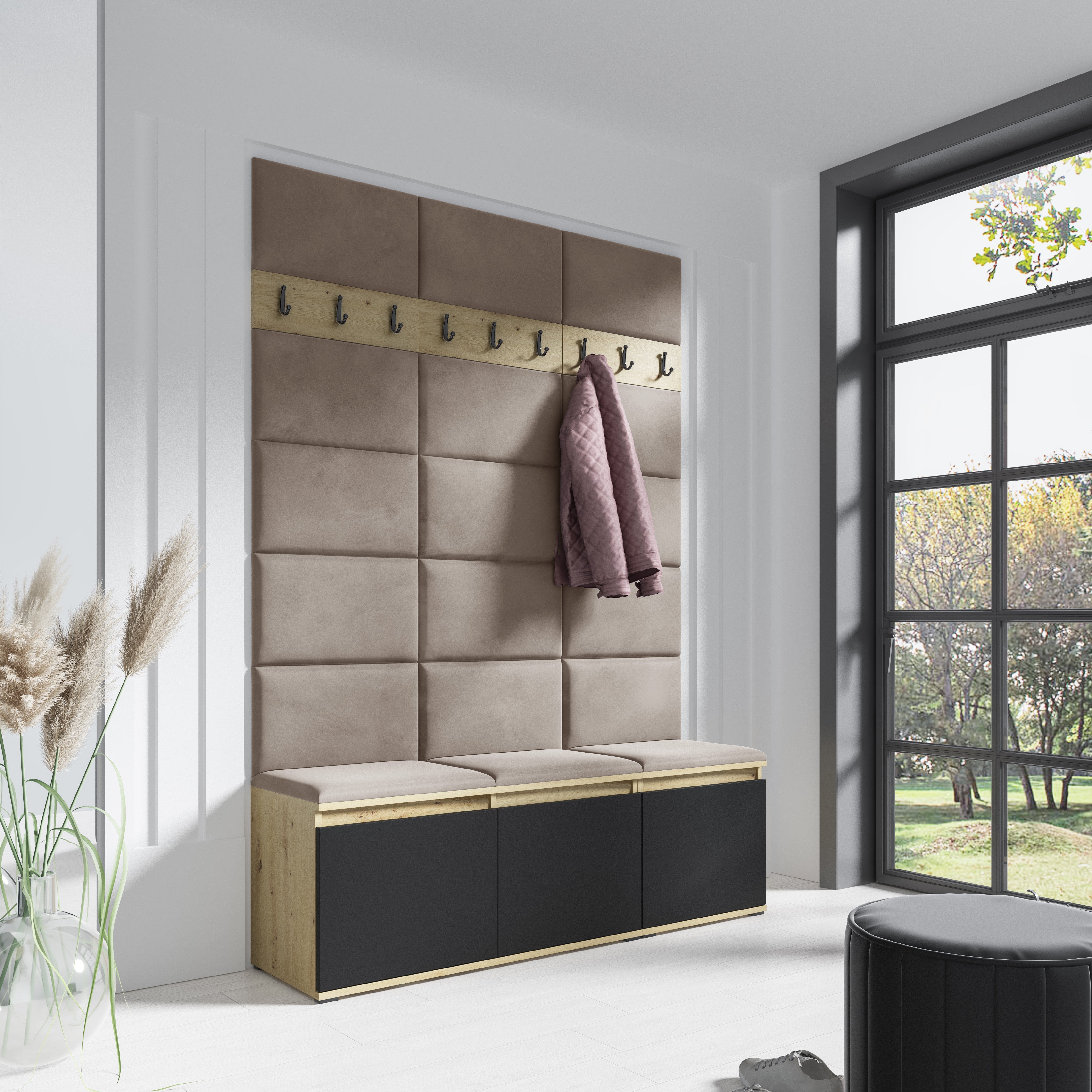 PK Emi 6 Hallway Wardrobe Artisan Oak / Black - Upholstered Panels in Various Colours