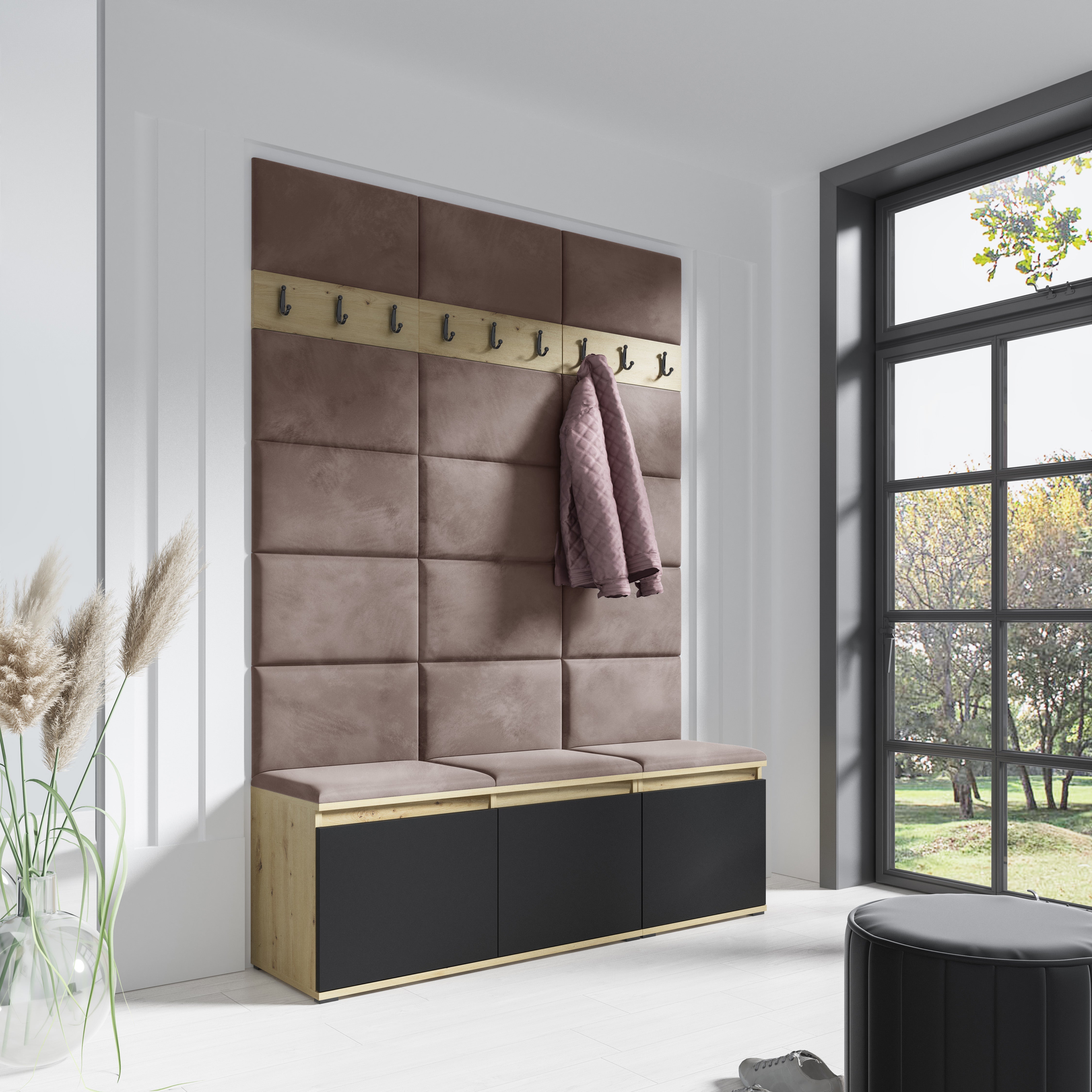 PK Emi 6 Hallway Wardrobe Artisan Oak / Black - Upholstered Panels in Various Colours