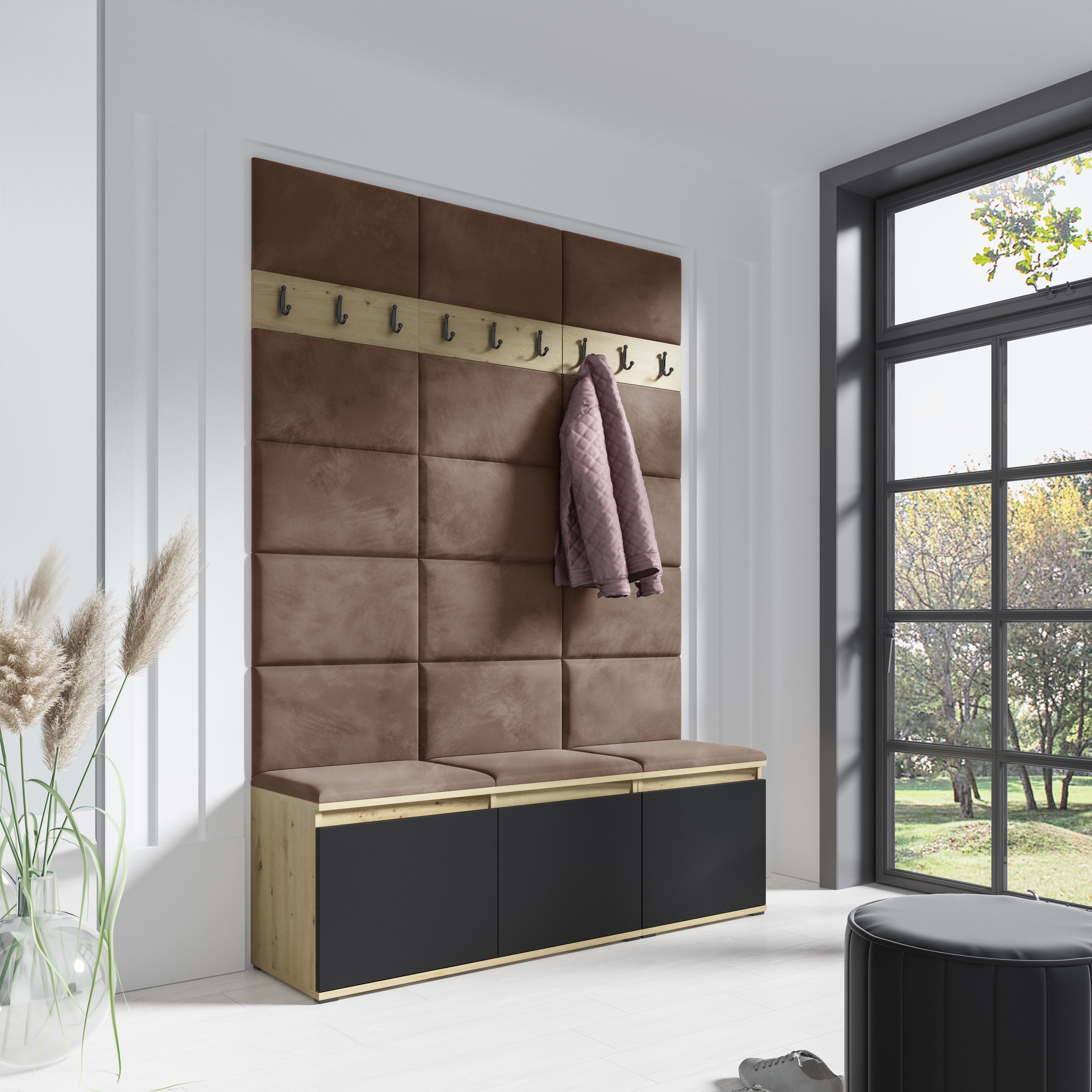 PK Emi 6 Hallway Wardrobe Artisan Oak / Black - Upholstered Panels in Various Colours