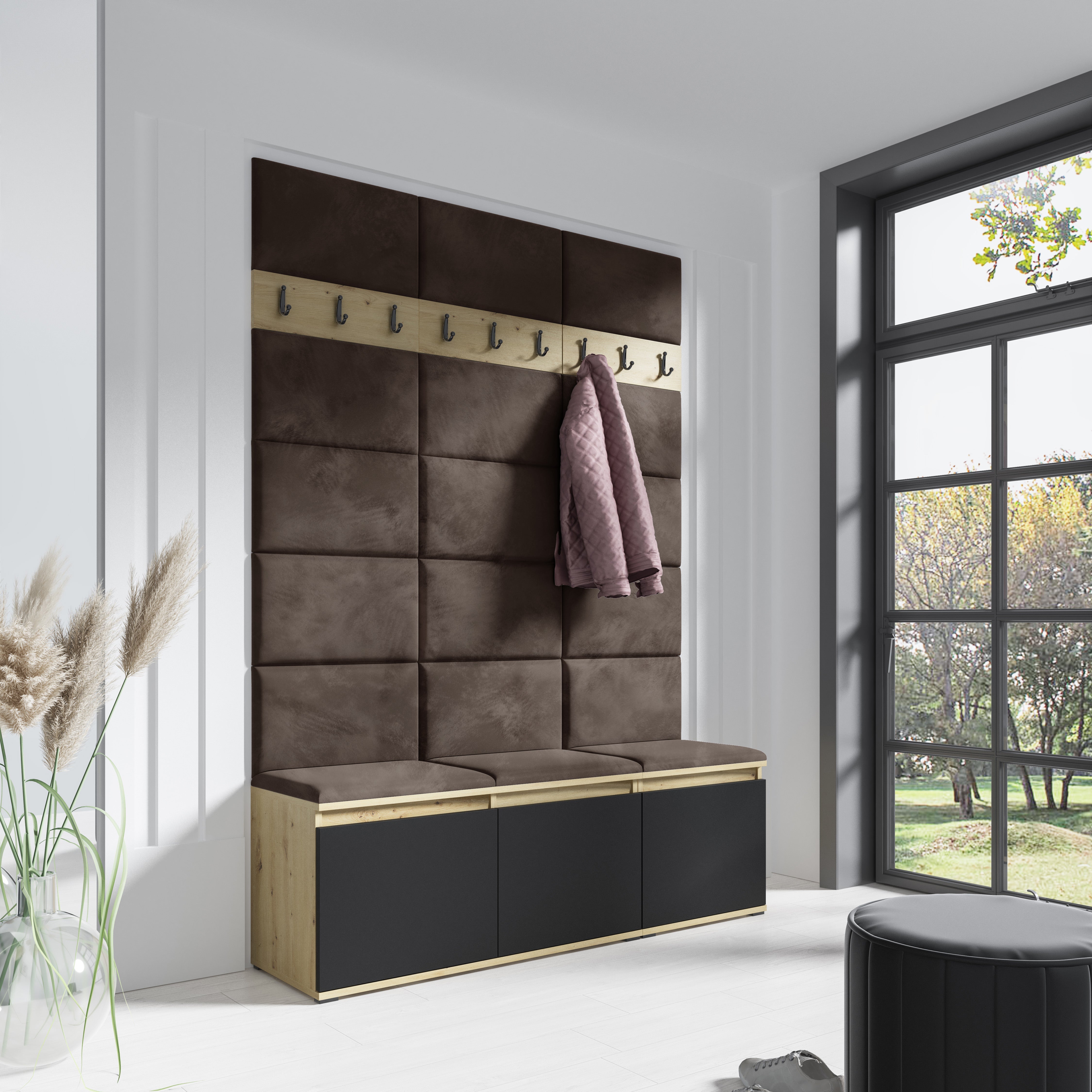 PK Emi 6 Hallway Wardrobe Artisan Oak / Black - Upholstered Panels in Various Colours