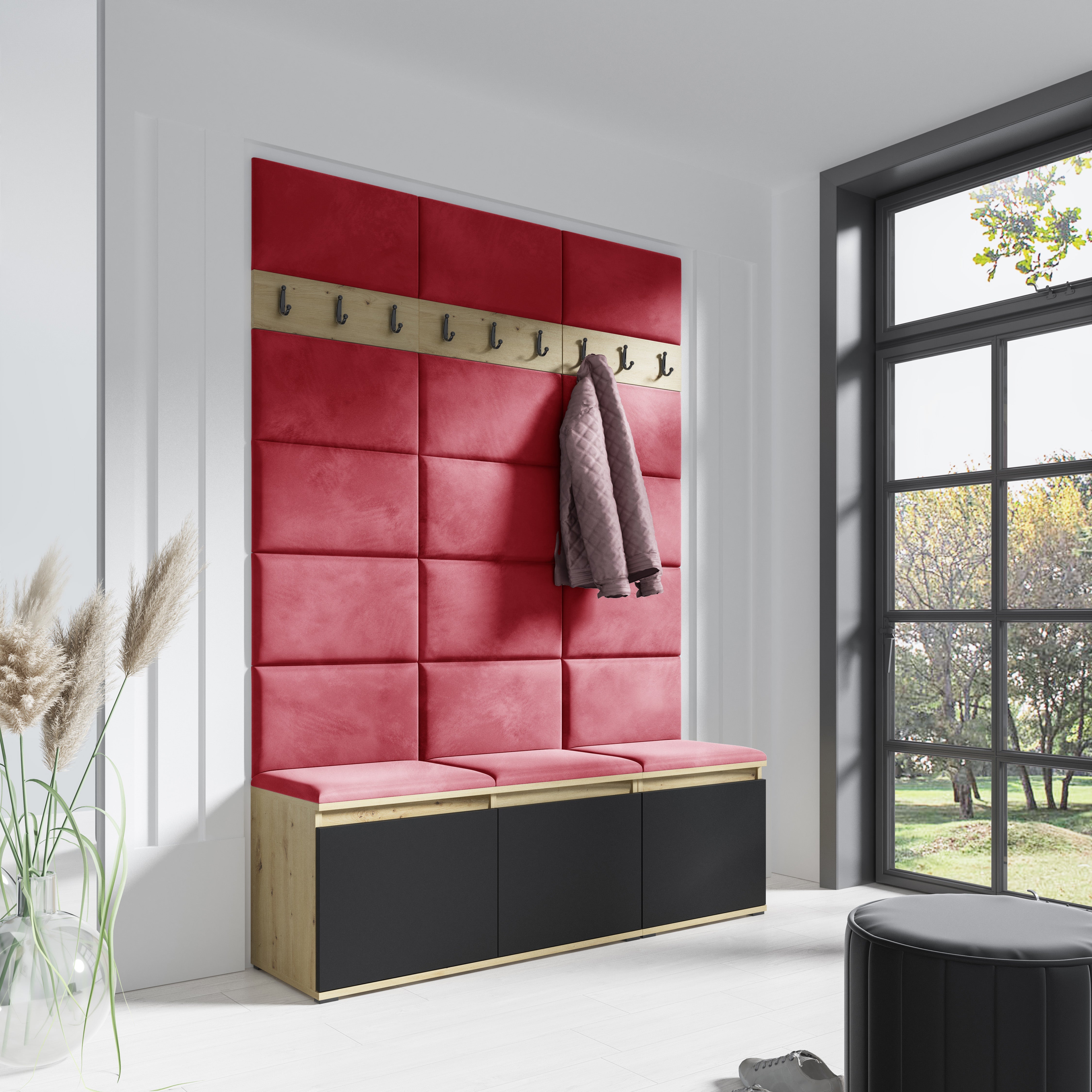 PK Emi 6 Hallway Wardrobe Artisan Oak / Black - Upholstered Panels in Various Colours