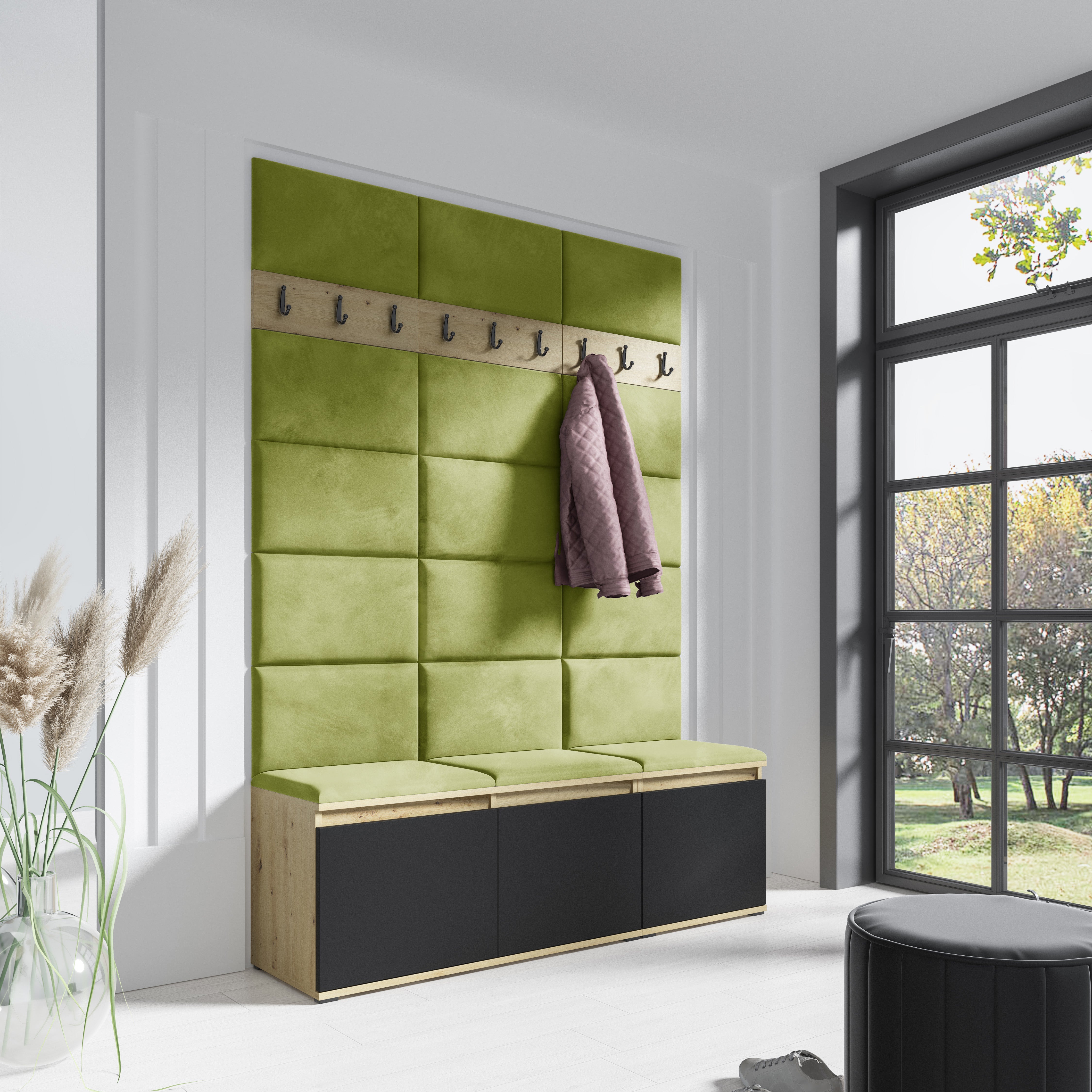 PK Emi 6 Hallway Wardrobe Artisan Oak / Black - Upholstered Panels in Various Colours