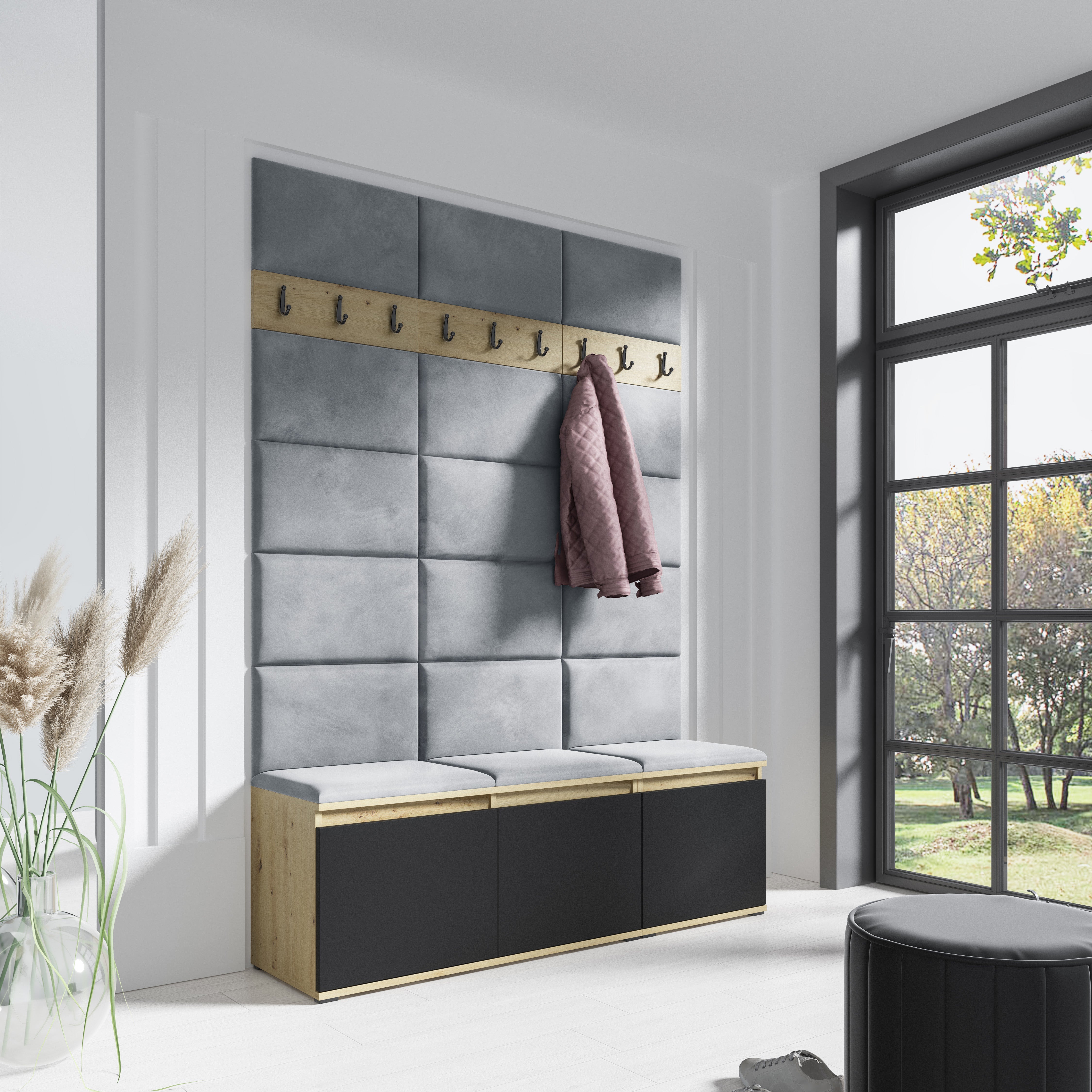 PK Emi 6 Hallway Wardrobe Artisan Oak / Black - Upholstered Panels in Various Colours