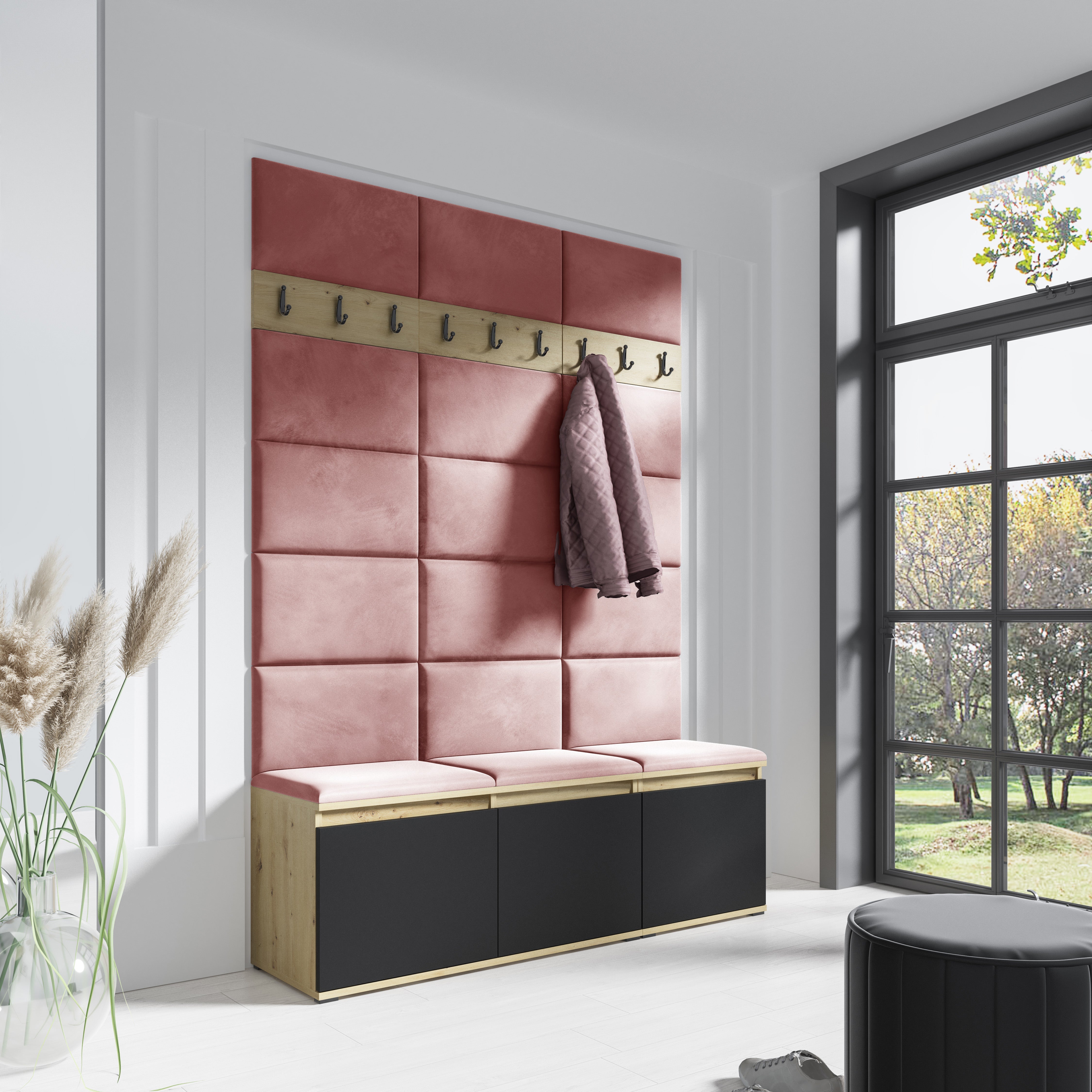PK Emi 6 Hallway Wardrobe Artisan Oak / Black - Upholstered Panels in Various Colours
